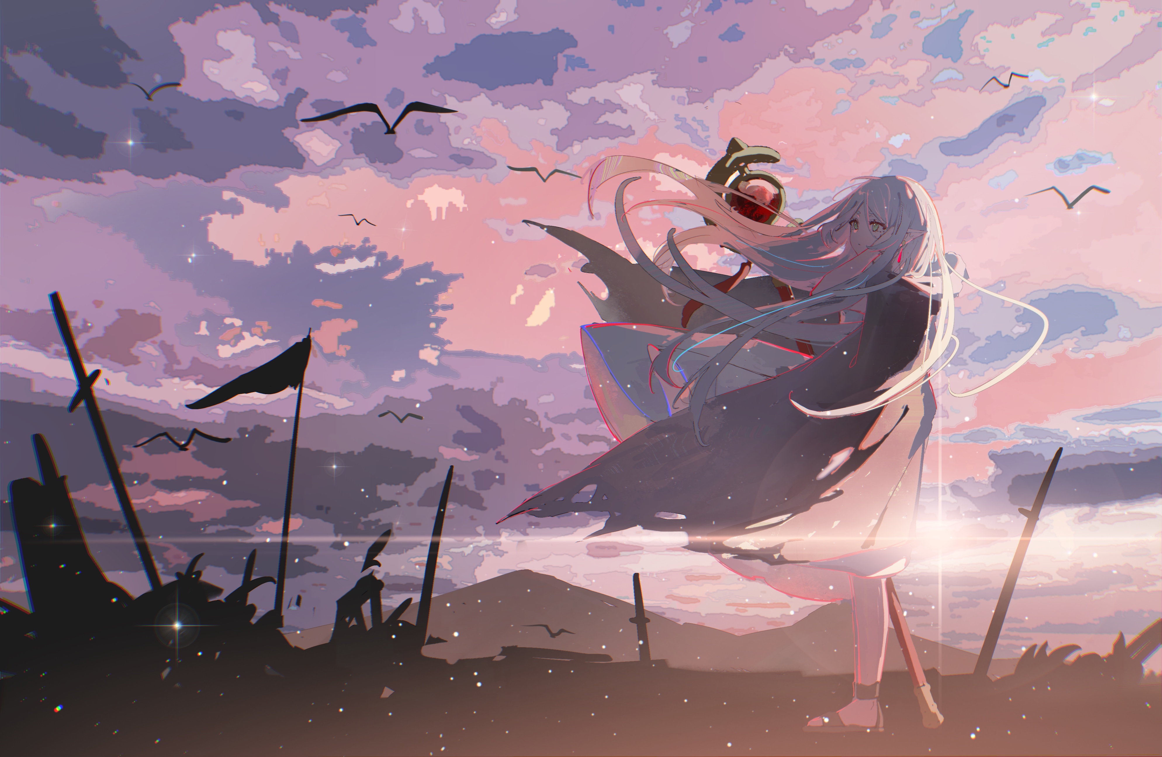 Anime 3977x2591 anime anime girls Sousou No Frieren Frieren hair blowing in the wind sky wind long hair looking away pointy ears hand on face white hair green eyes staff sunlight flag birds clouds sword stars cape standing dress