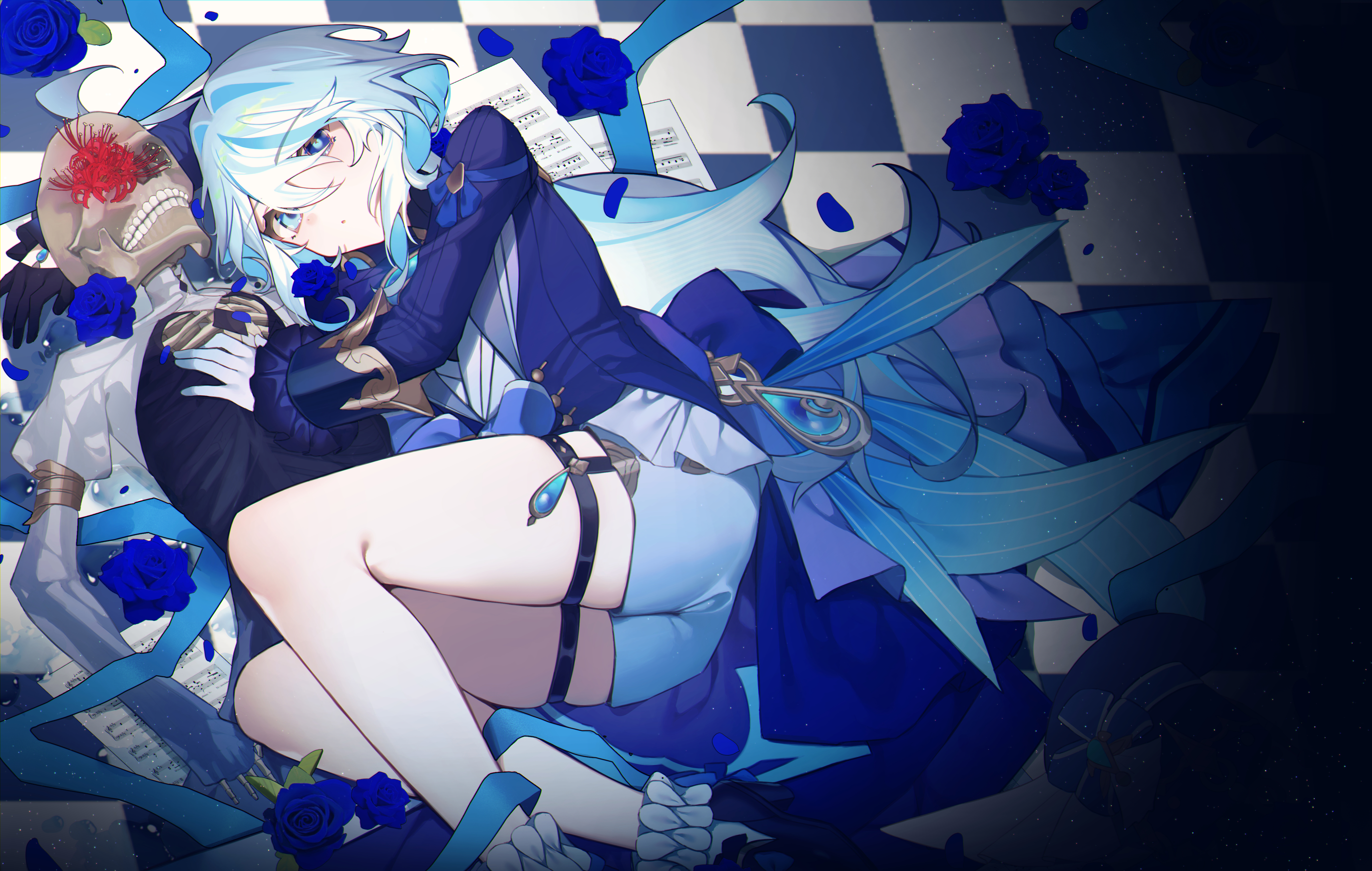 Anime 4800x3047 anime anime girls Genshin Impact checkered Furina (Genshin Impact) ass mismatched gloves lying down lying on side heterochromia blue eyes long hair two tone hair blue hair bent legs gemstones skeleton blue rose petals rose shorts gloves looking at viewer paper musical notes treble clef bass clef white socks socks