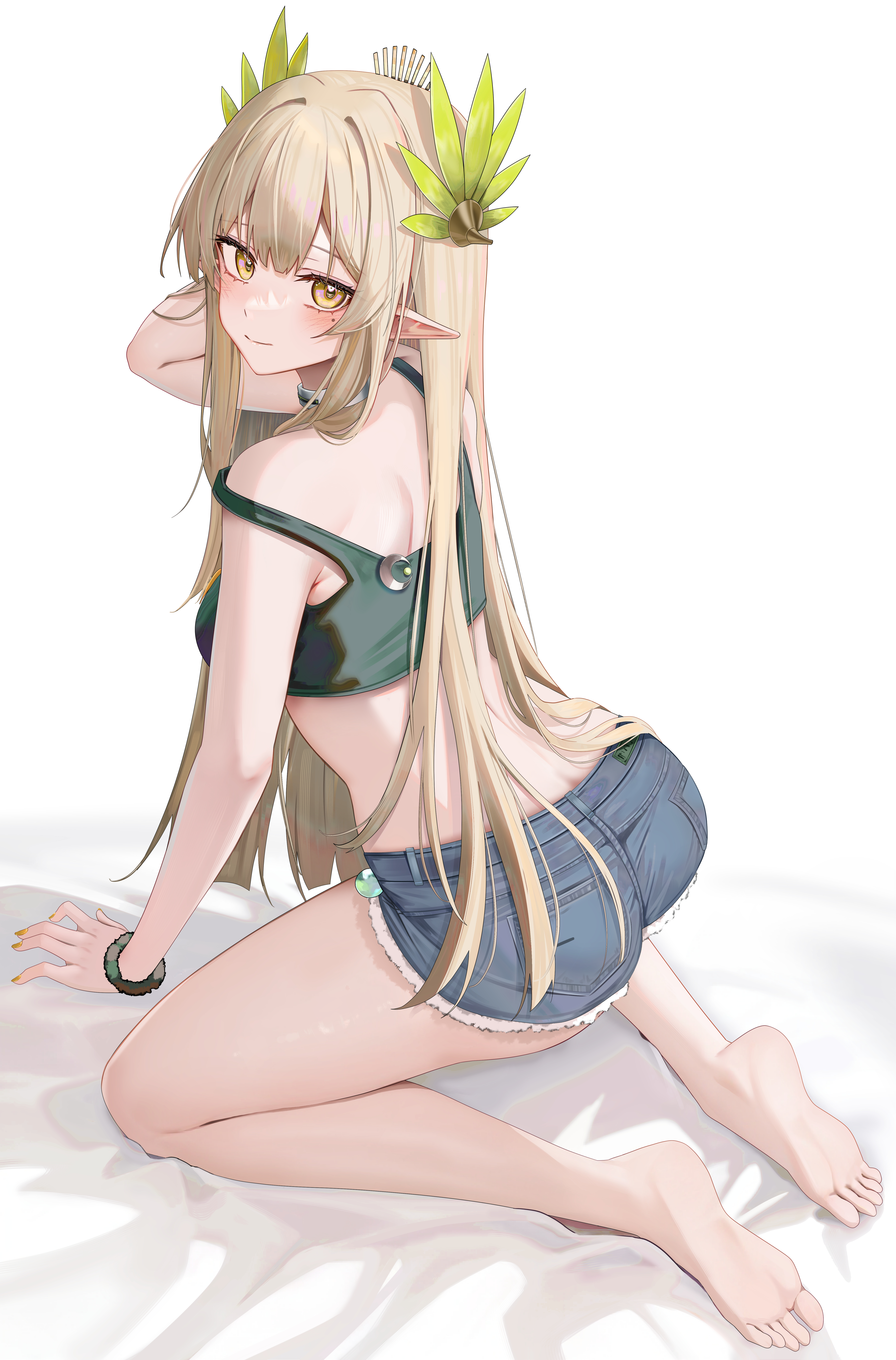Anime 4970x7540 Arknights Ru Zhai Muelsyse (Arknights) shorts blushing elven feet tube top long hair simple background smiling looking at viewer foot sole white background kneeling minimalism bent legs pointy ears closed mouth anime girls bracelets mole under eye yellow eyes moles blonde ass jean shorts