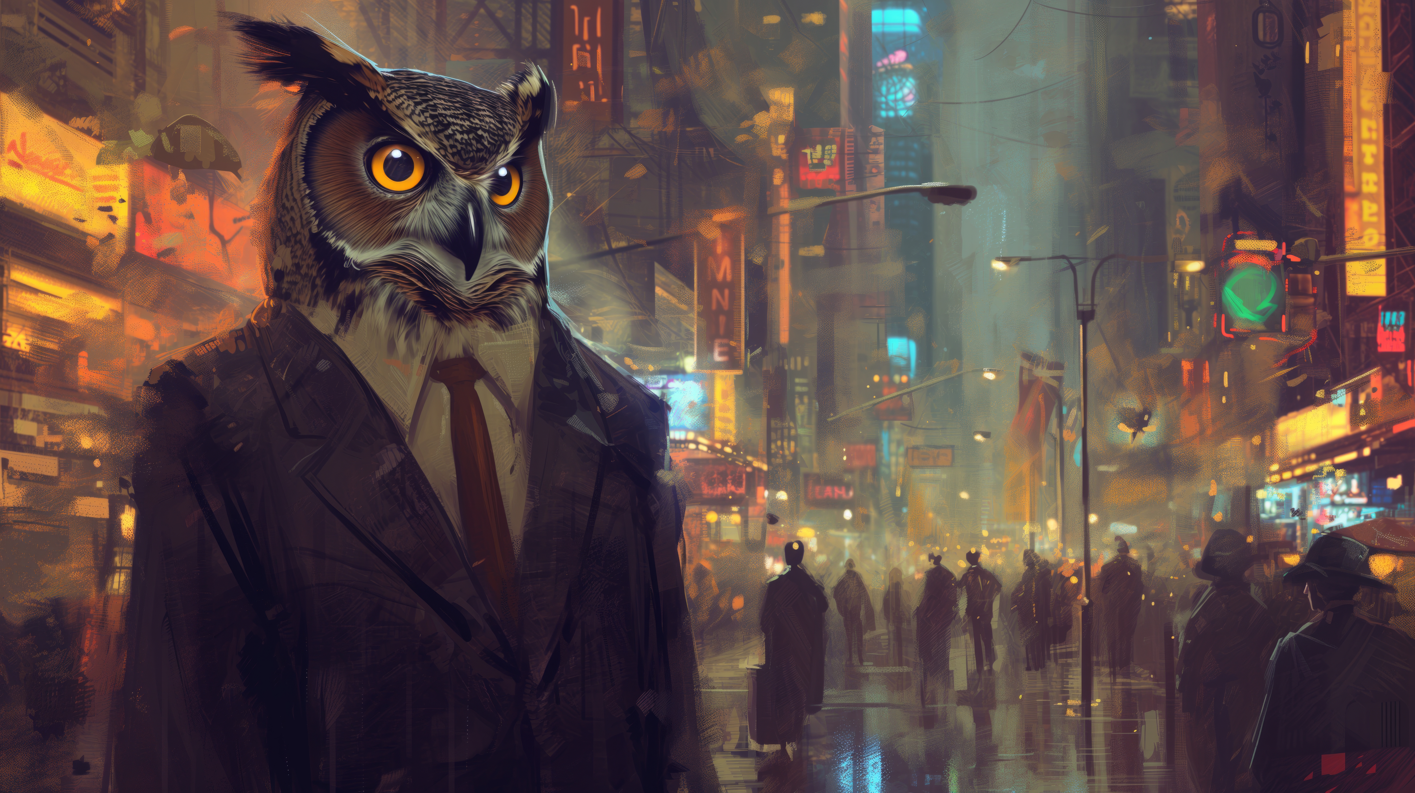 General 5824x3264 AI art illustration painting owl city street beak building people suit and tie digital art animals street light city lights