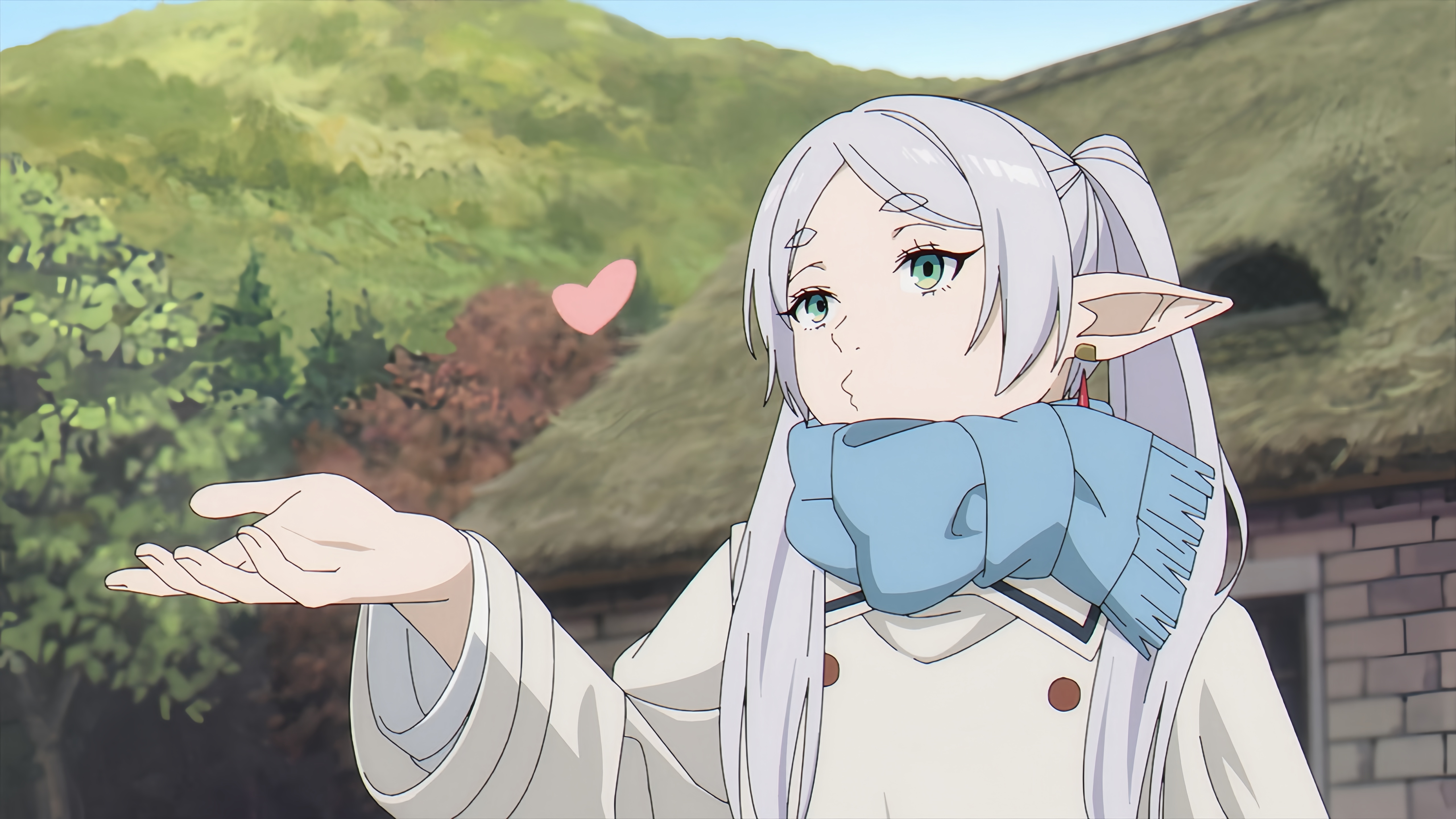 Anime 5120x2880 Frieren Sousou No Frieren pointy ears elves twintails blue scarfs blowing kisses heart anime anime screenshot anime girls long hair women outdoors scarf trees earring hands thick eyebrows green eyes white hair