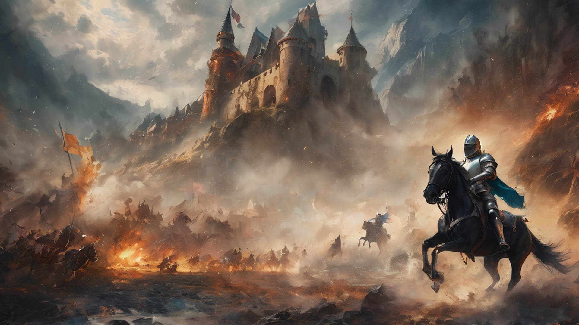 General 1920x1080 Knight (Dungeon and Fighter) AI art horseback medieval medieval art medieval clothes castle armor clouds sky flag army horse