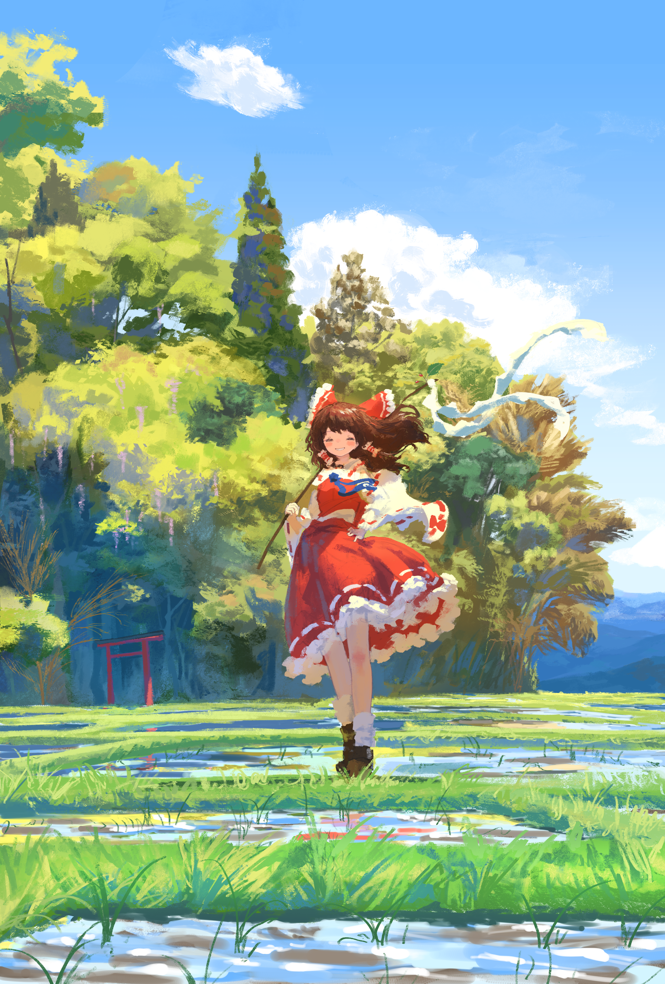 Anime 2250x3328 artwork anime girls anime painting trees Hakurei Reimu Touhou Shinto sky kajatony windy wind standing dress frills torii water leaves women outdoors outdoors closed eyes parted lips hands on waist detached sleeves long hair brunette blushing