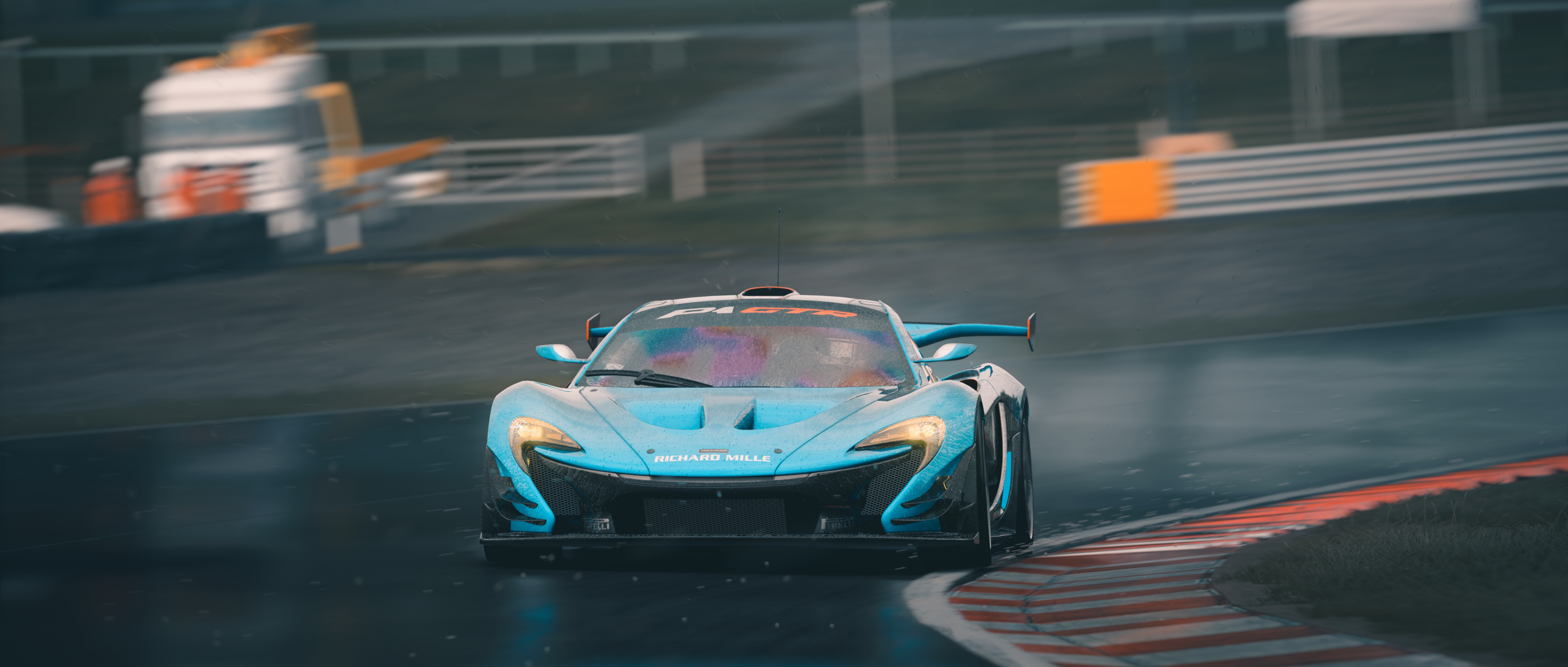 General 7680x3269 McLaren P1 car PC gaming Assetto Corsa frontal view headlights video game art vehicle motion blur blurred video games