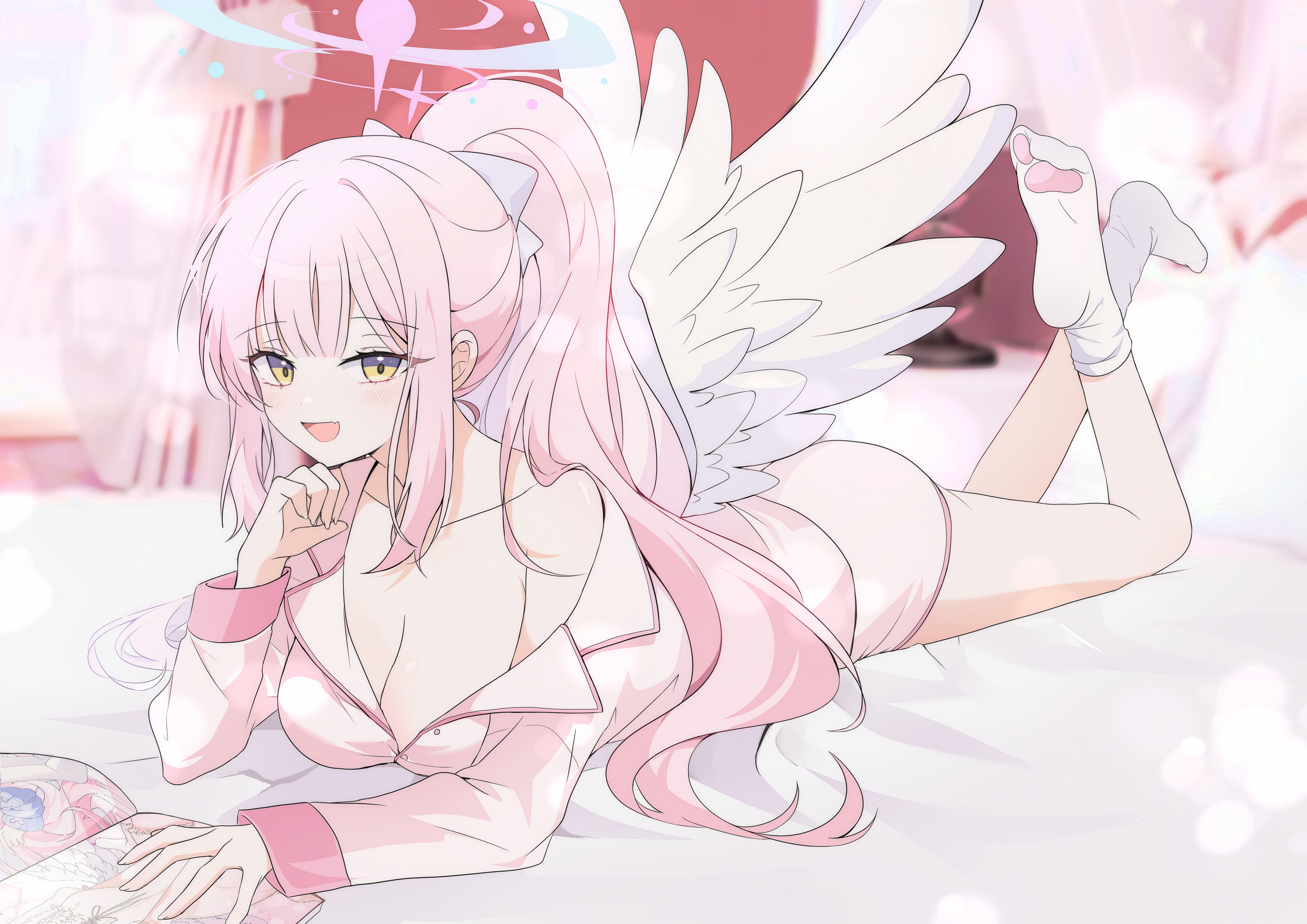 Anime 3500x2475 anime anime girls Misono Mika Blue Archive lying down lying on back looking at viewer cleavage one bare shoulder ponytail long hair collarbone open mouth pink hair yellow eyes feet in the air Senohime sidelocks no bra big boobs wings white socks indoors women indoors pyjamas pink pyjamas socks
