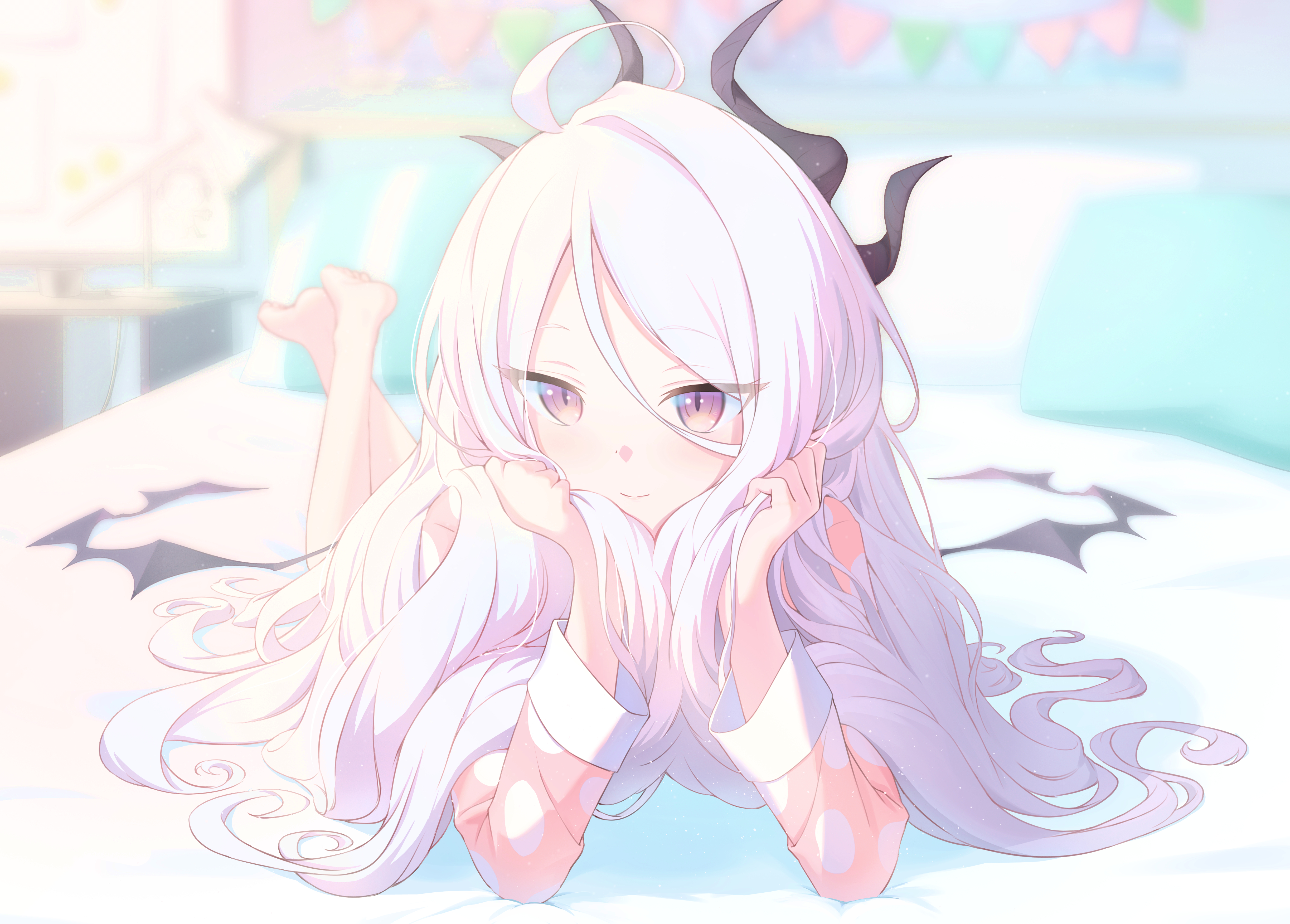 Anime 4894x3506 Blue Archive anime girls video game characters Sorasaki Hina (Blue Archive) long hair purple eyes anime girl with wings pyjamas pillow anime games demon horns resting head smiling closed mouth feet crossed holding hair horns hair between eyes in bed bright background bed ahoge feet in the air lying down lying on front