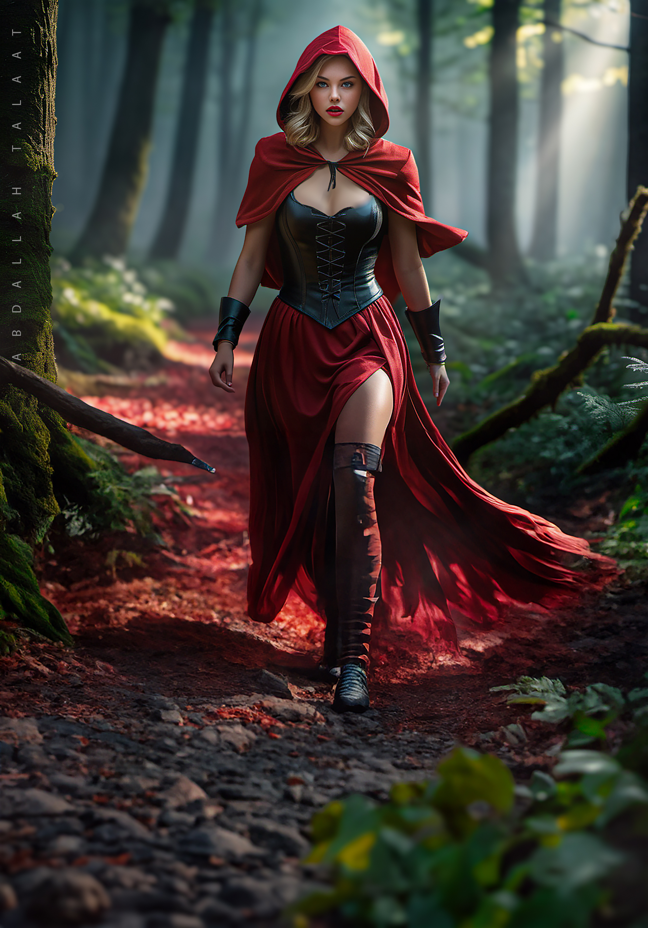 General 2133x3056 Little Red Riding Hood women red cape Abdallah Talaat AI art fantasy girl digital art outdoors women outdoors red lipstick lipstick parted lips blue eyes looking at viewer blonde trees portrait display teeth nature leaves
