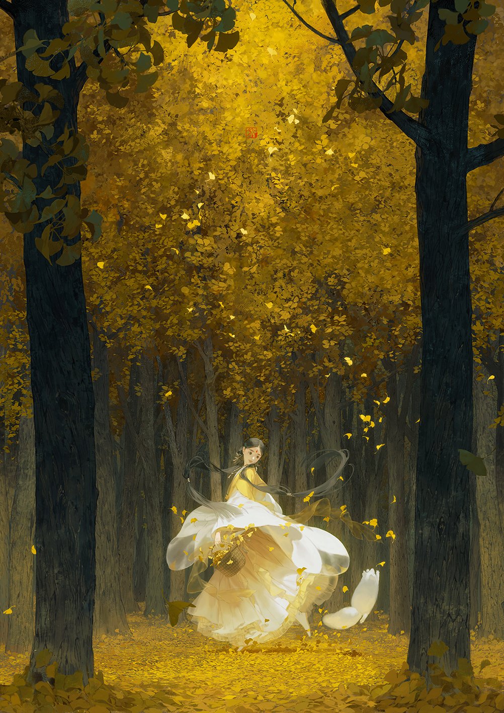 Anime 1002x1417 anime girls white dress chinese clothing trees long hair looking below long sleeves black hair dancing women outdoors hair ornament twintails Gingko leaves hair tubes picnic basket fallen leaves smiling autumn women fox leaves zzzi gn looking back animals forest yellow leaves portrait display fall