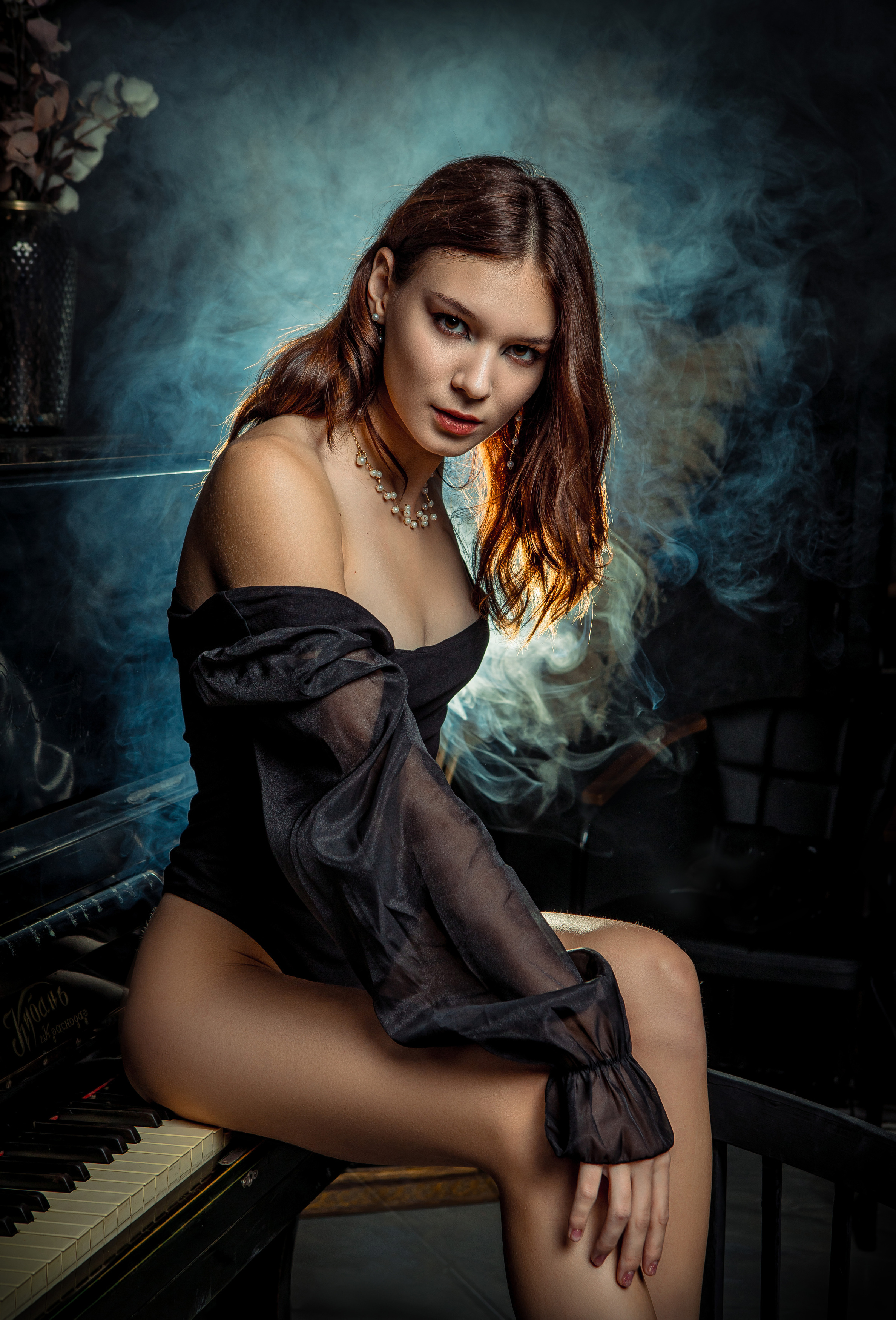 People 2376x3500 Alexey Krapivin women brunette black clothing piano bare shoulders portrait display cleavage smoke