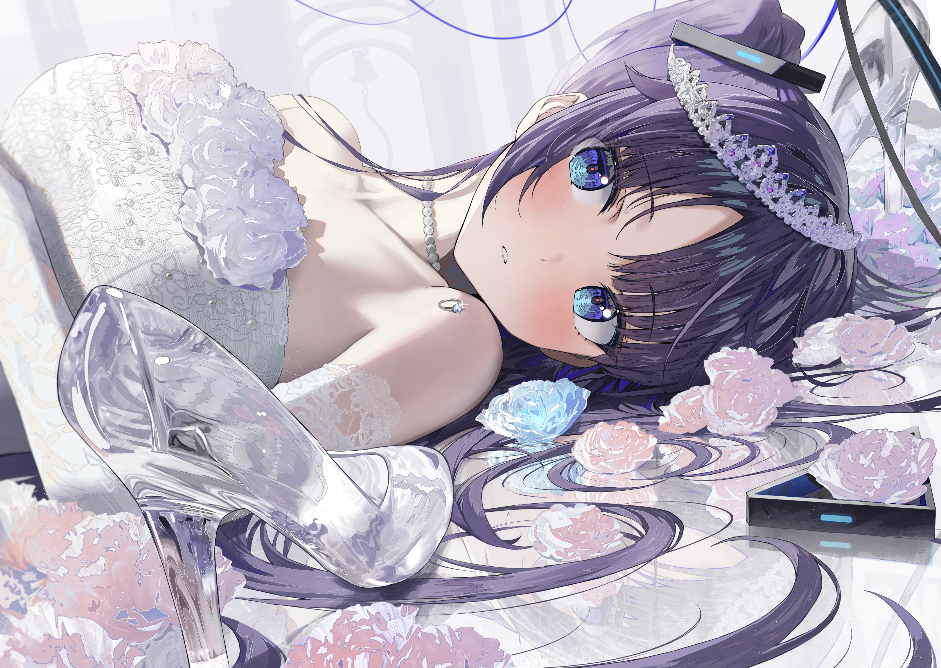 Anime 3240x2300 Blue Archive white dress looking at viewer tiaras lying on back lying down blue eyes high heels bare shoulders necklace parted lips wedding dress flowers alternate costume Hidulume Hayase Yuuka long hair blushing beads purple hair shoes white flowers anime anime girls