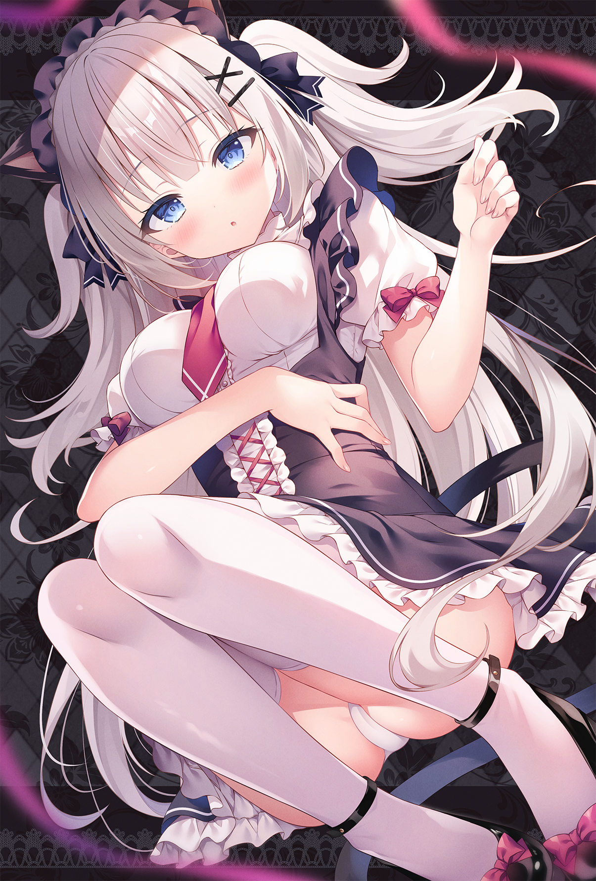 Anime 1205x1782 anime anime girls portrait display bent legs Nanohana Kohina blonde white thigh highs long hair thigh-highs blue eyes looking at viewer maid maid outfit open mouth hair between eyes twintails hair ornament panties short sleeves cat girl lying down lying on back cat ears white panties upskirt frills ass cat tail big boobs simple background