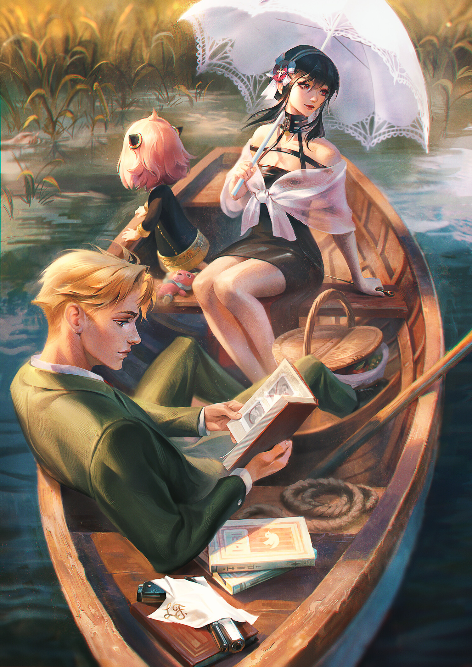 Anime 1500x2122 Zoe Zhu drawing Spy x Family Yor Forger reading boat water Anya Forger Loid Forger portrait display umbrella anime girls anime boys looking away sunlight books gun baskets hair between eyes sitting headband collarbone bare shoulders off shoulder ropes