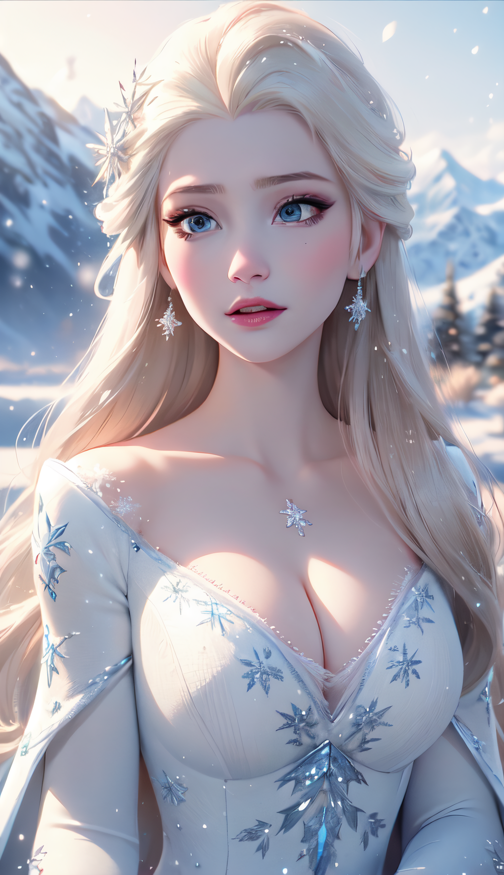General 1024x1776 snow portrait display necklace model pale women boobs Frozen 2 Frozen (movie) AI art cleavage parted lips outdoors women outdoors collarbone looking away long hair mountains snowy mountain sunlight blue eyes blonde digital art off shoulder hair ornament trees dress