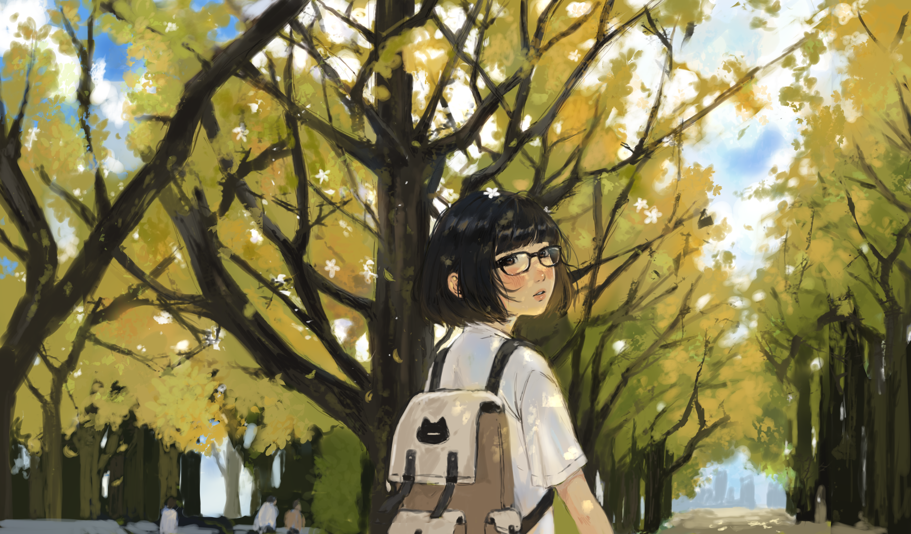 General 3440x2016 black hair glasses brown eyes backpacks trees short hair park anajudraws looking back Asian blunt bangs women shoulder length hair sky parted lips blushing outdoors women outdoors clouds women with glasses sunlight branch white shirt T-shirt