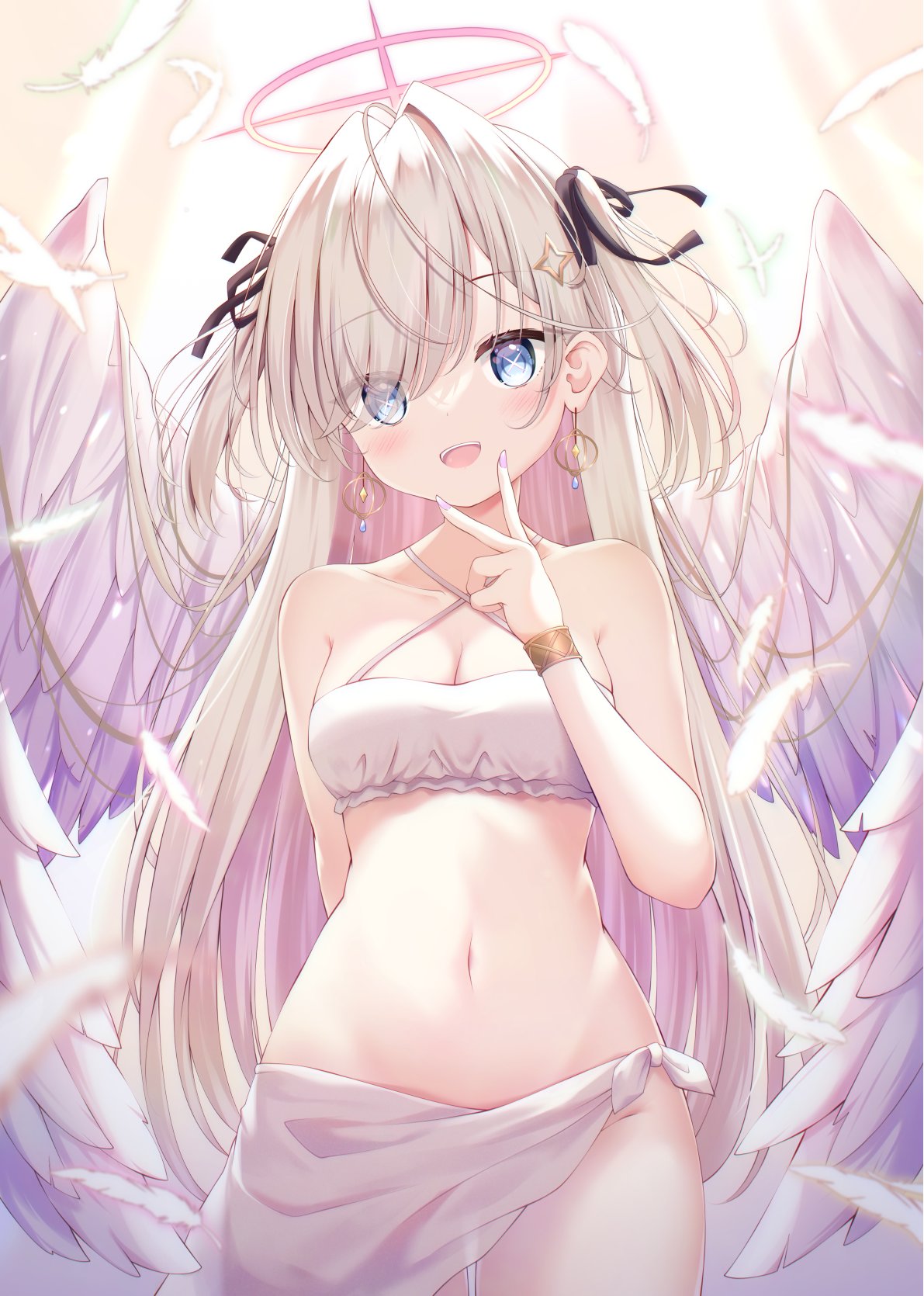 Anime 1191x1670 anime anime girls rulu_py portrait display looking at viewer blushing original characters skinny slim body bare shoulders collarbone cleavage hair over one eye earring open mouth feathers symbol-shaped pupils wings hair ornament pink nails ribbon sarong white bikini swimwear hair ribbon arm(s) behind back smiling peace sign