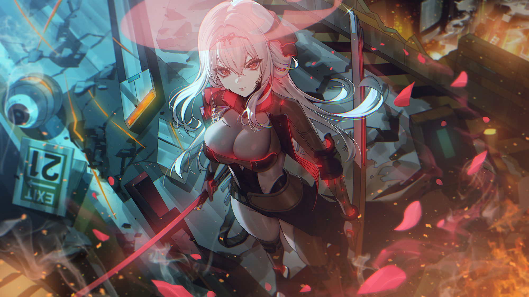 Anime 2000x1125 anime anime girls Nikke: The Goddess of Victory Scarlet (Nikke) Choney looking at viewer standing hair between eyes katana pink hair pink eyes closed mouth cleavage big boobs petals numbers long hair fire exit debris