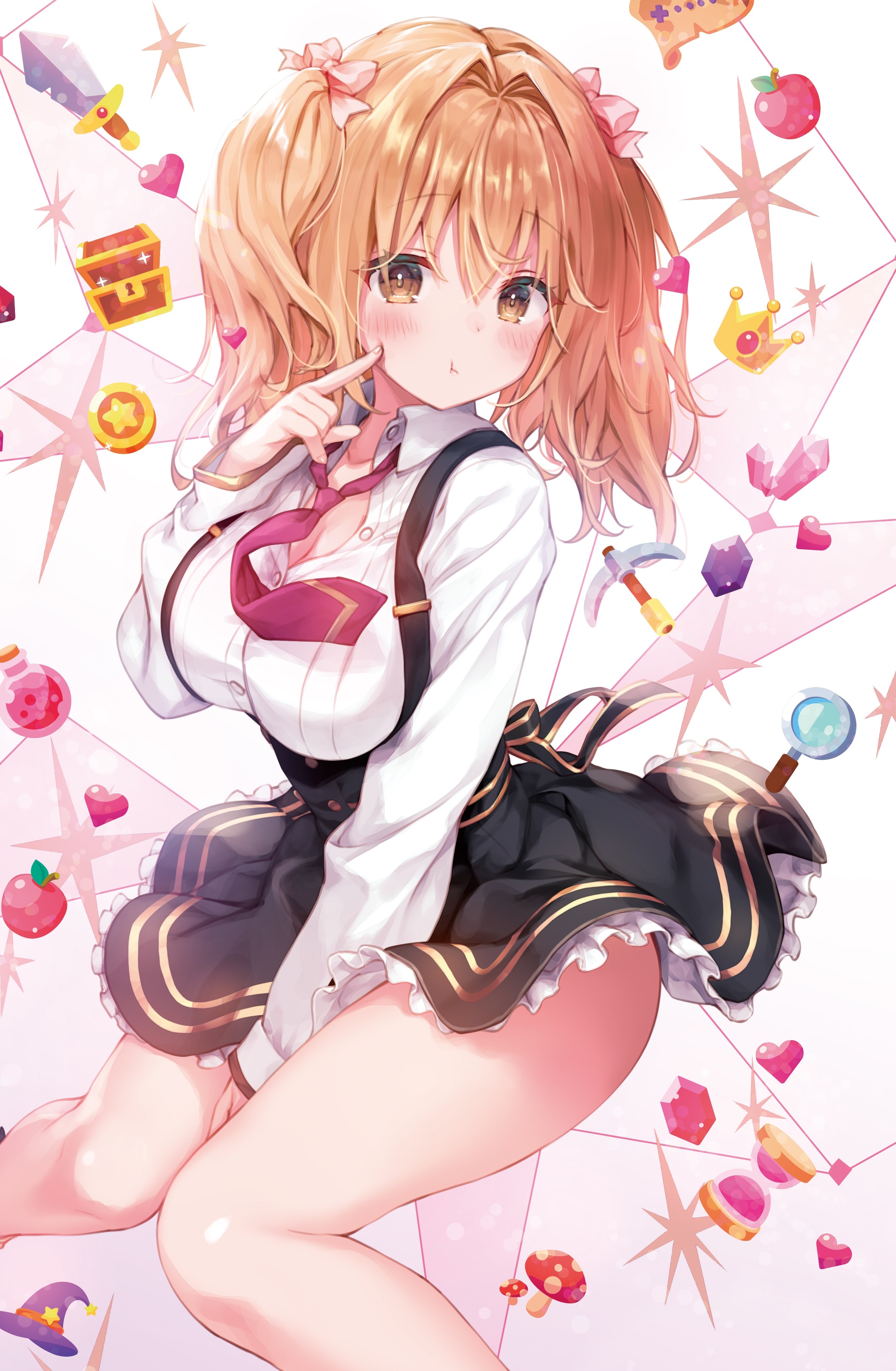 Anime 2569x3929 anime anime girls loli looking at viewer Konomi Noa Akizuki Liar Liar portrait display closed mouth blushing hair between eyes blonde yellow eyes collarbone hand(s) between legs coins crown heart (design) sword treasure chest crystal  magnifying glass apples hourglasses legs thighs dress bent legs hair bows stars witch hat mushroom fruit tie