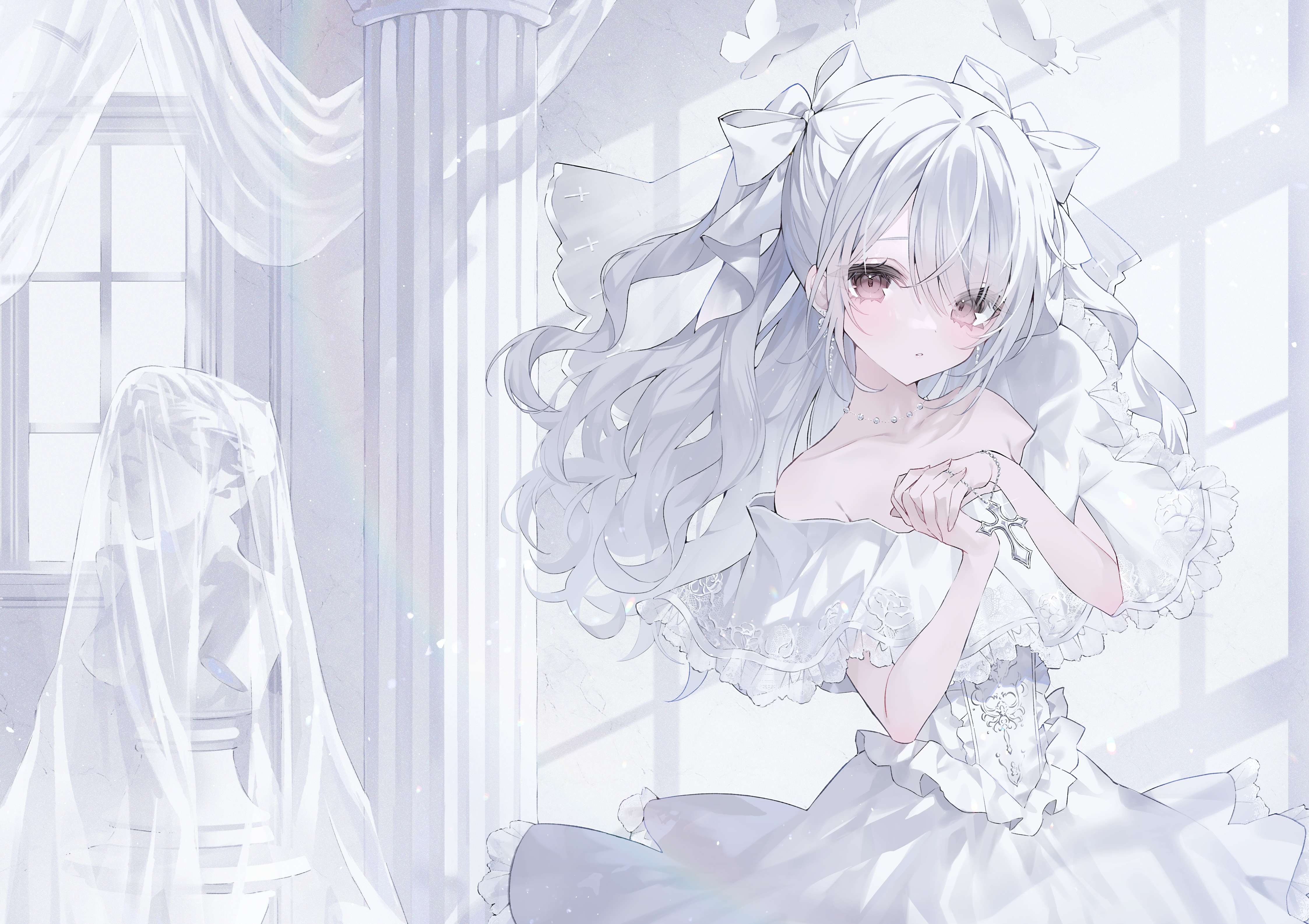 Anime 4492x3171 anime anime girls white hair white dress veils pink eyes pale 0Noah looking at viewer indoors women indoors hair between eyes white orange eyes long hair earring hair ribbon bare shoulders twintails collarbone pillar sunlight window rainbows standing dress frills necklace butterfly insect American shot statue