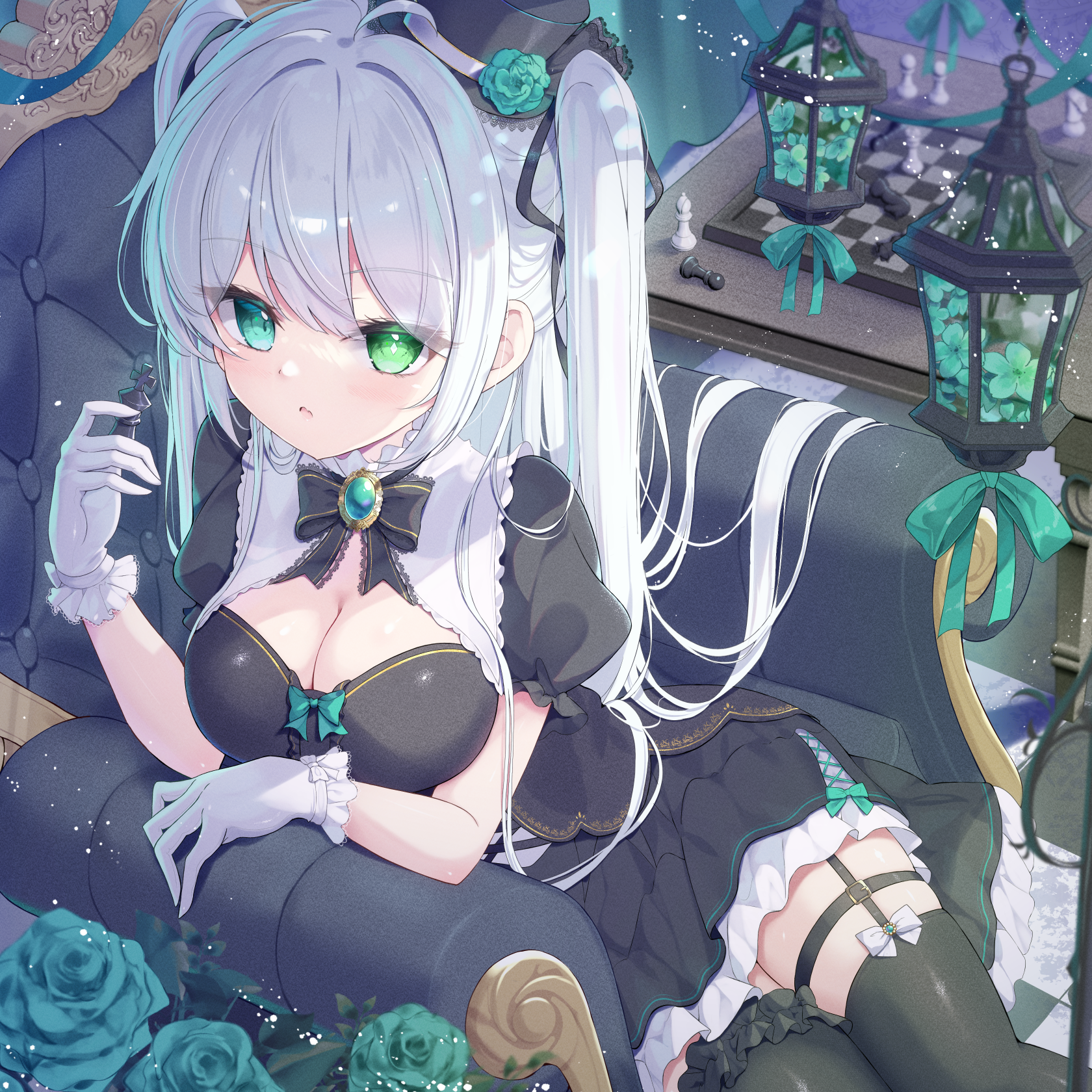 Anime 1680x1680 anime anime girls Mikaze Oto long hair looking at viewer gloves green eyes white gloves white hair stockings leg ring women indoors indoors table chair chess flowers thighs bow tie women with hats hat armchair frills cleavage big boobs mismatched pupils dress short sleeves twintails