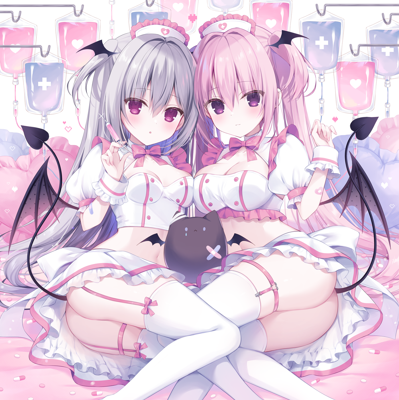 Anime 1400x1404 anime anime girls hasuroot looking at viewer hair between eyes blushing open mouth closed mouth cleavage stockings garter straps lying down lying on side nurse outfit nurses short sleeves bow tie demon girls succubus demon tail needles wings ass purple eyes gray hair pink hair thighs skindentation upskirt pills frills boobs crop top heart (design) IV bag syringe skirt wrist cuffs band-aid leg garter