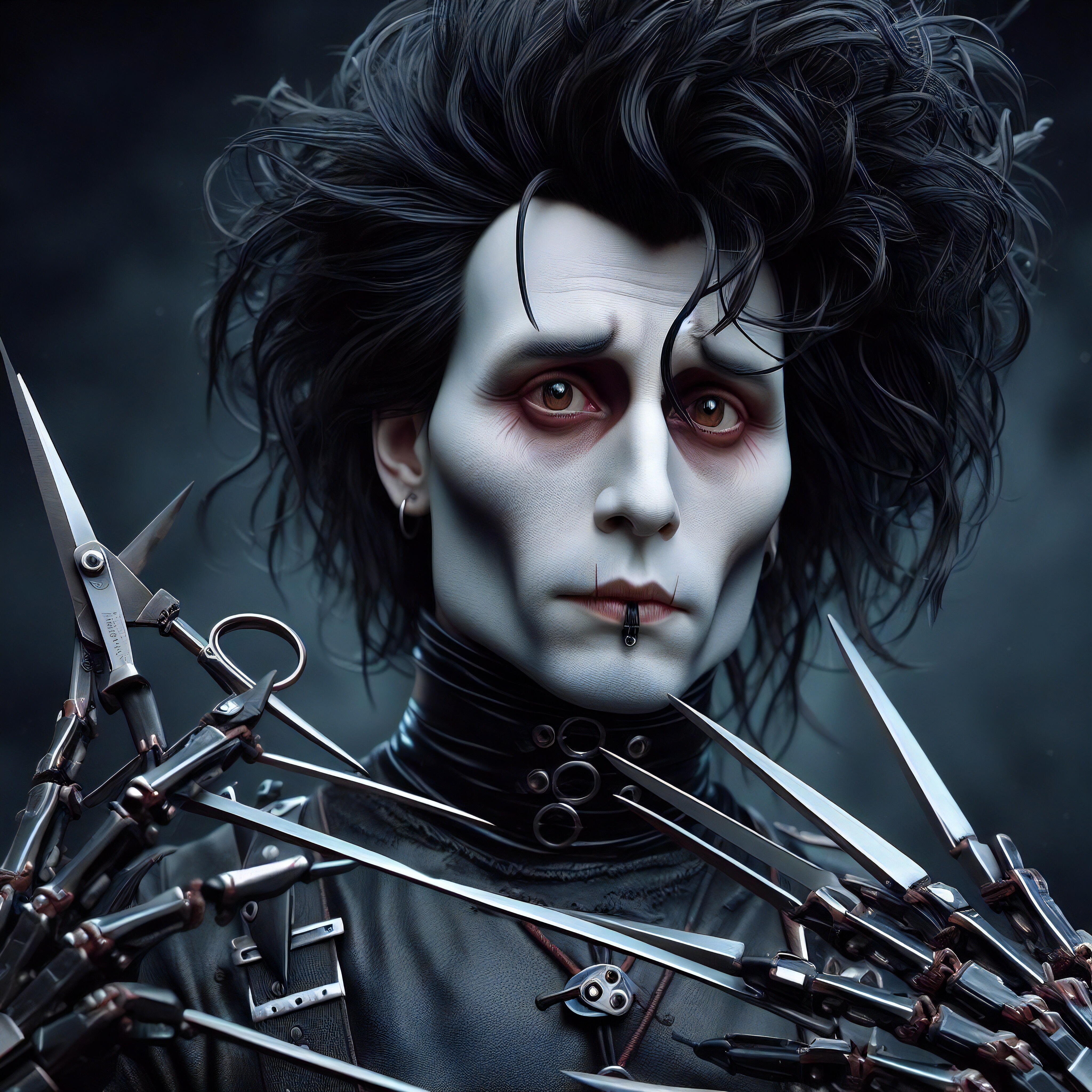 General 4096x4096 Edward Scissorhands movies movie characters AI art looking at viewer digital art scissors closed mouth messy hair blurred blurry background earring