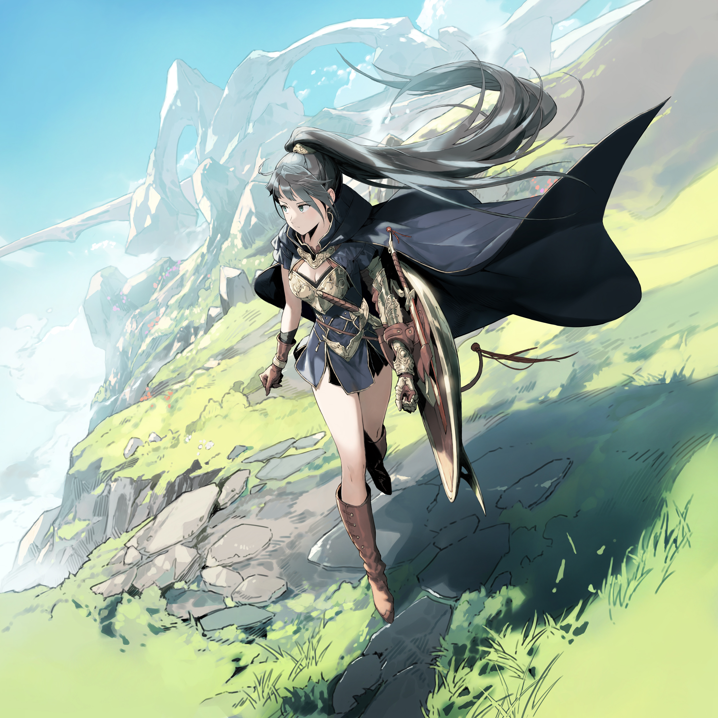 Anime 2500x2500 anime girls looking back grass Hirooka Masaki girl in armor ponytail cliff cape sky black hair clear sky hair ornament gloves weapon closed mouth armor women outdoors sunlight outdoors shield boots anime female warrior long hair