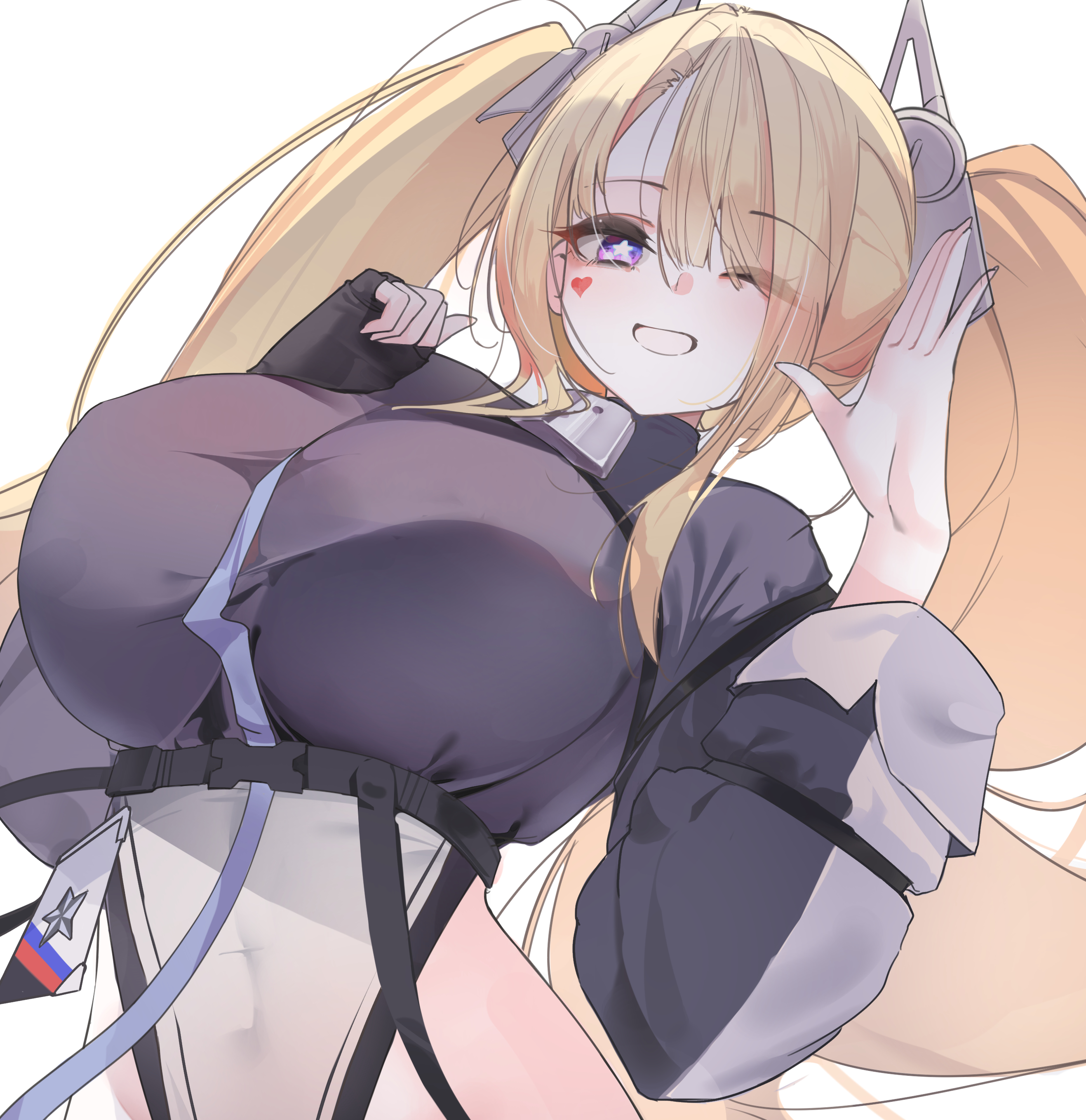 Anime 2634x2716 anime anime girls smiling huge breasts heart (tattoo) arched back looking at viewer blonde long hair twintails a fangfang one eye closed simple background teeth star eyes missing glove gloves fingerless gloves gradient eyes heart