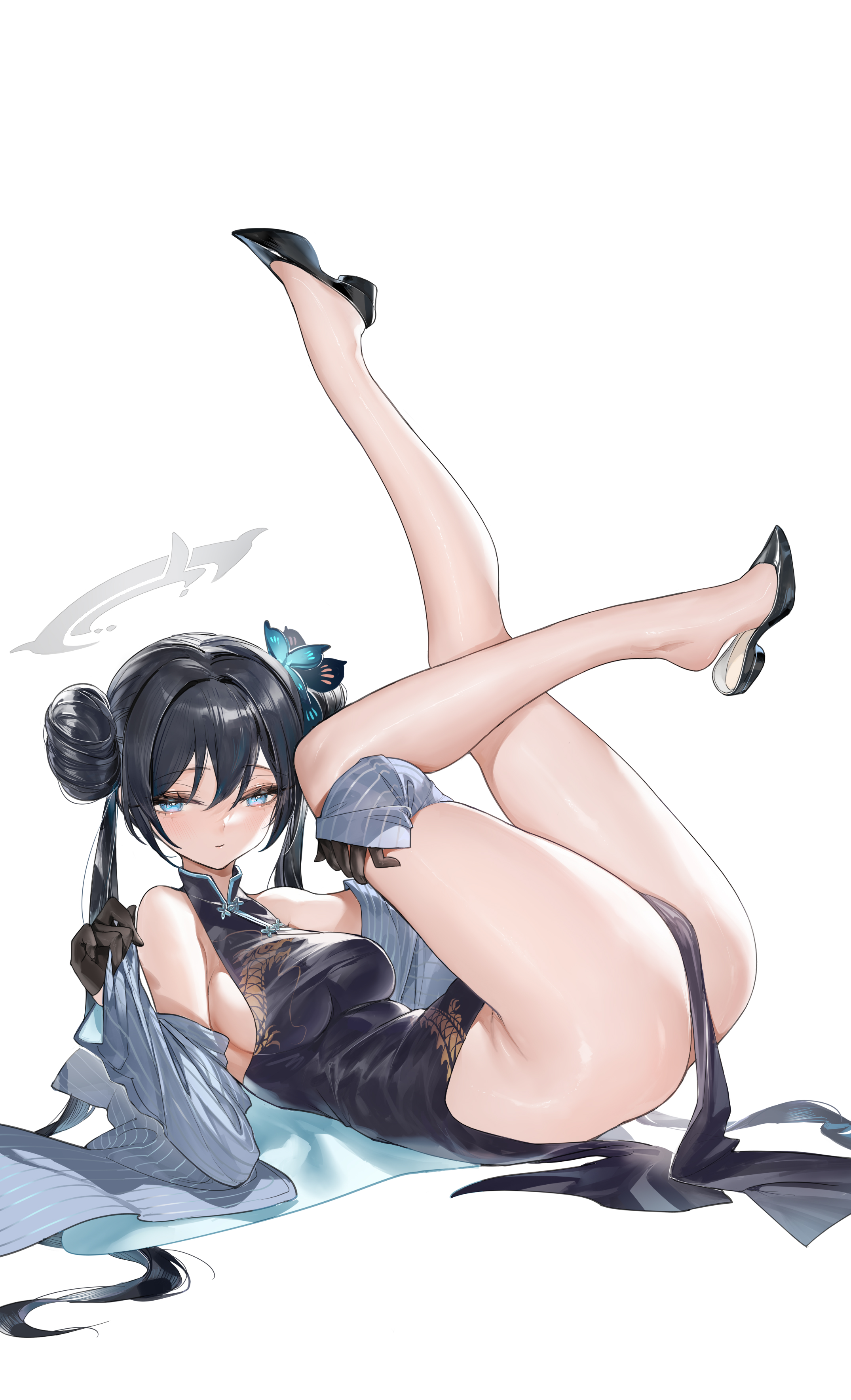 Anime 2150x3537 Blue Archive Chinese dress portrait display long hair Kisaki (Blue Archive) dress simple background legs up white background jacket looking at viewer hairbun Chinese clothing nopan bare shoulders gloves open jacket blue eyes lying down black hair twintails cheongsam sideboob anime girls ass legs thighs hair ornament sleeveless lying on back black dress Horz boobs shoes