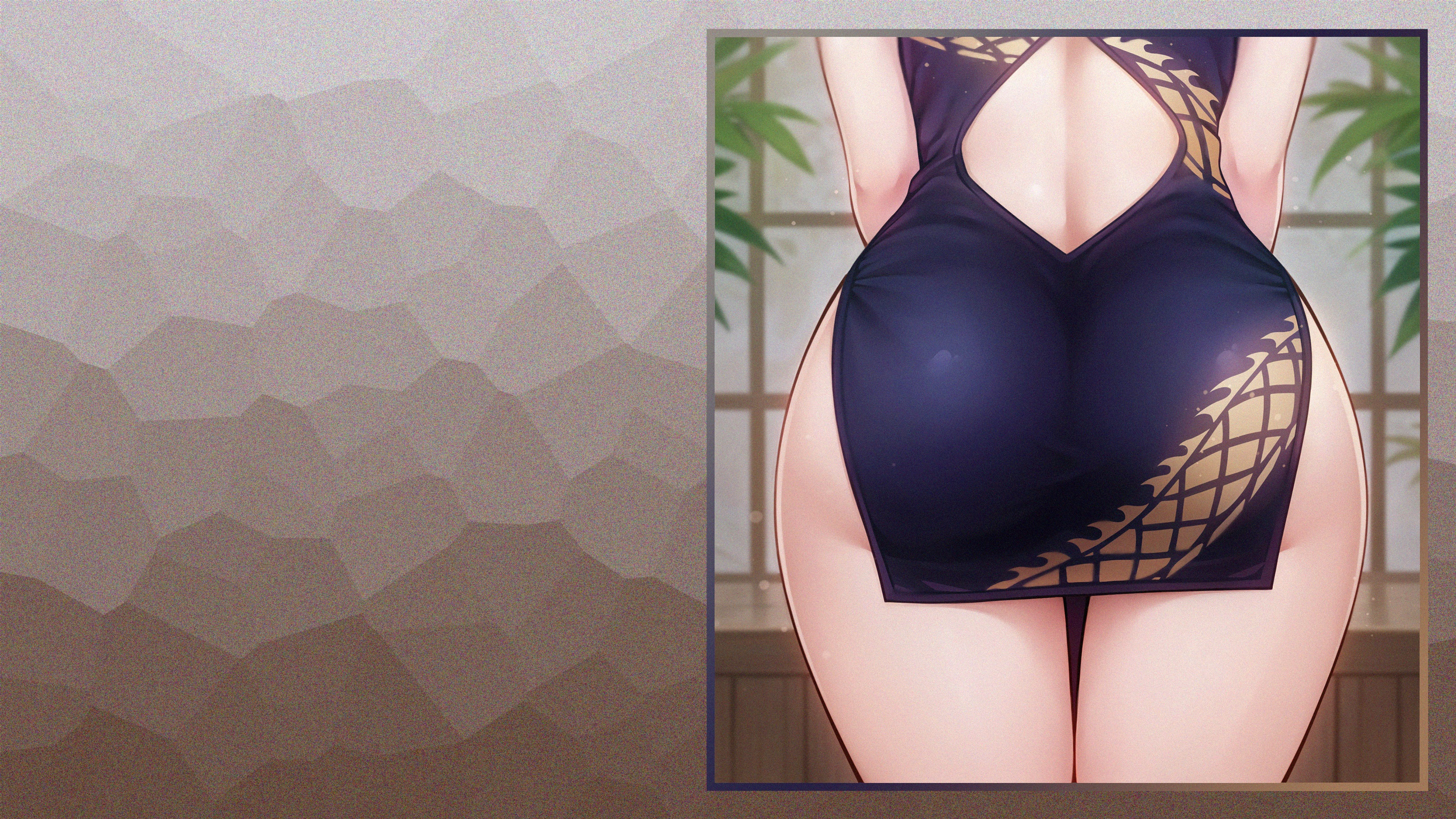Anime 3257x1832 anime anime girls simple background thighs ass ecchi standing wide hips Blue Archive Ryuuge Kisaki (Blue Archive) MerryTail rear view Chinese clothing leaves edit