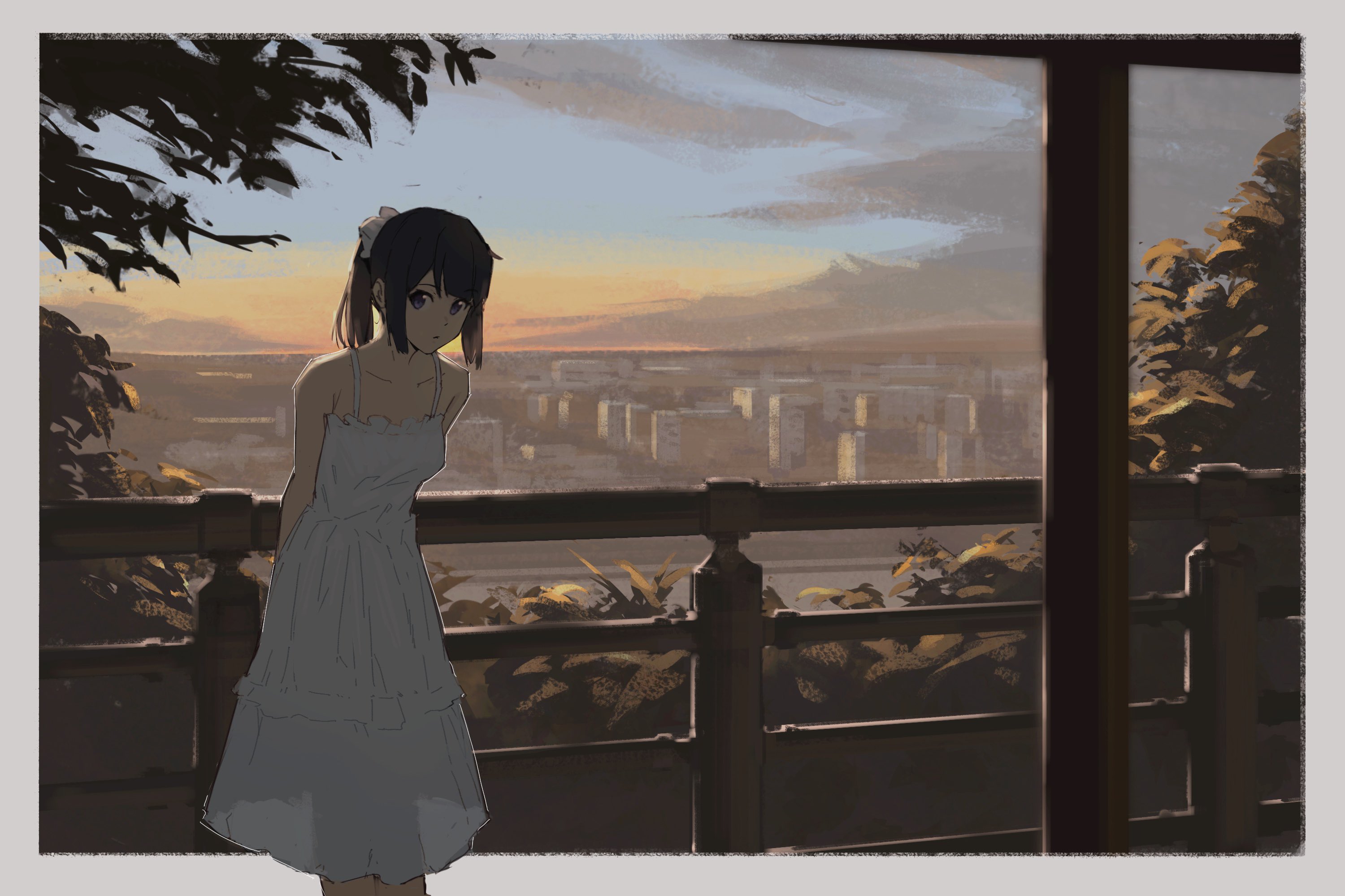Anime 3000x2000 anime girls dawn city looking at viewer sunset sunset glow dress ponytail