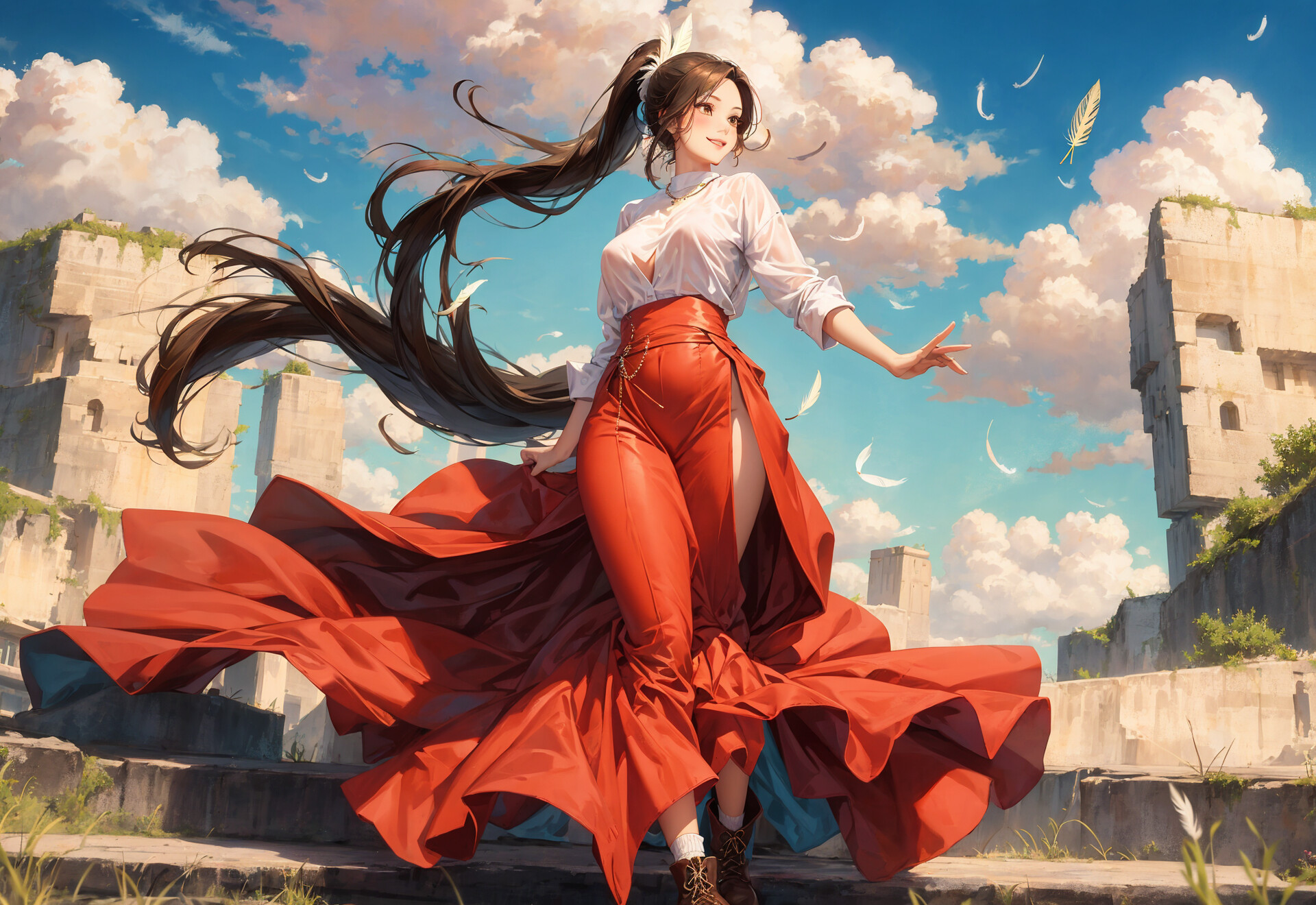Anime 1920x1320 artwork digital art clouds feathers AI art smiling ponytail long hair sky anime girls ankle boots