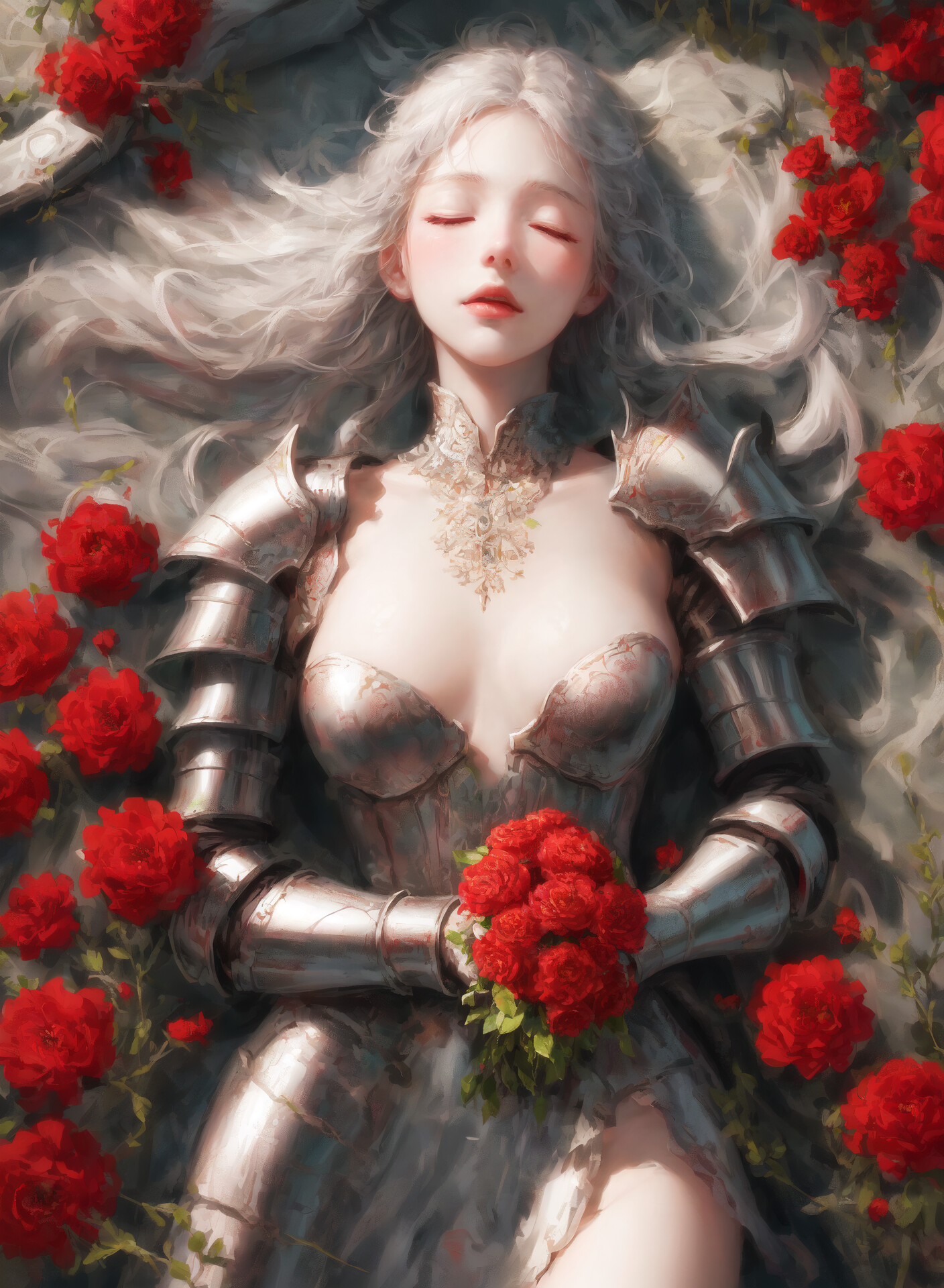 General 1408x1920 digital art artwork illustration women lying down blonde sleeping rose flowers armor closed eyes long hair