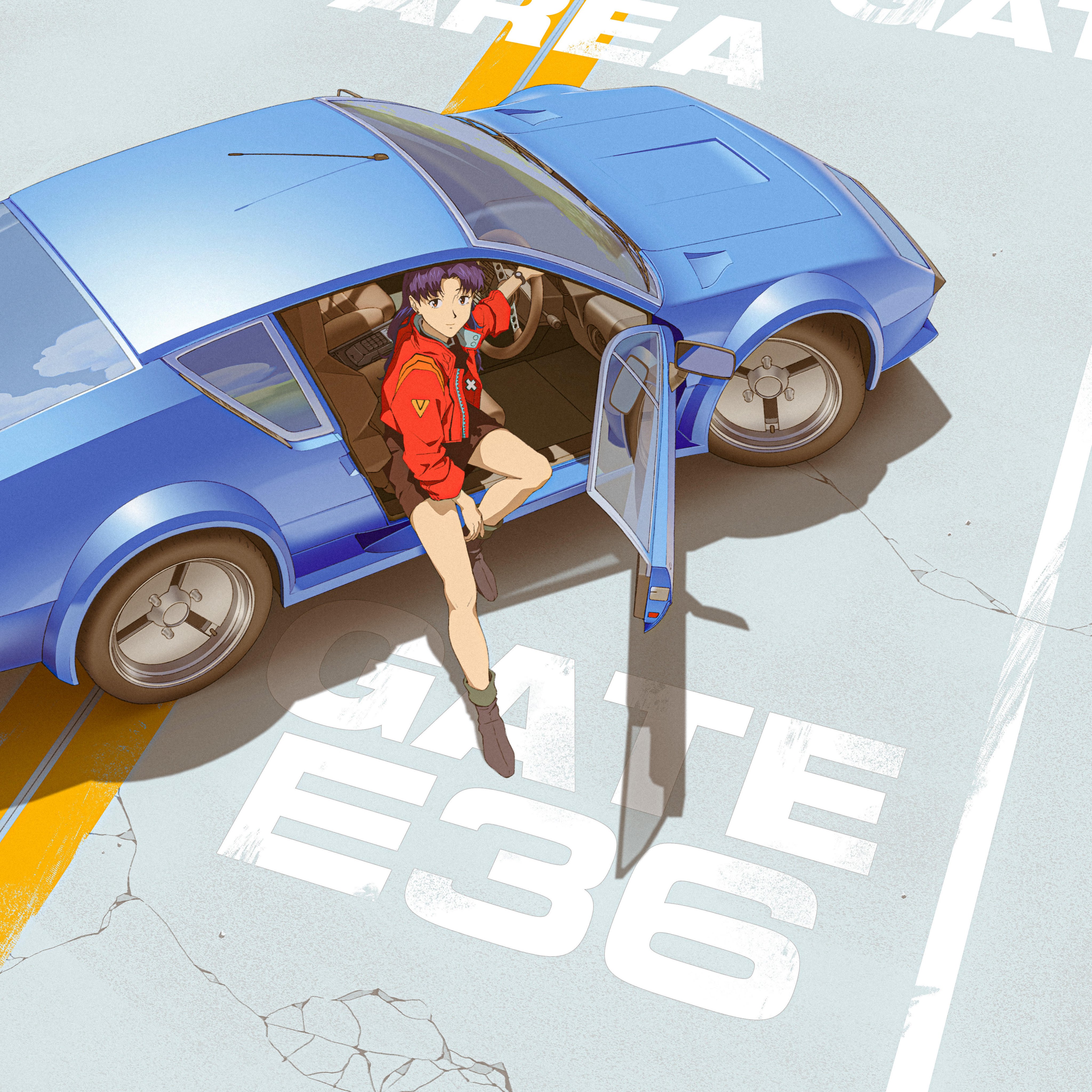 Anime 4096x4096 bysau digital art artwork illustration Katsuragi Misato Neon Genesis Evangelion anime anime girls car vehicle blue cars reflection road Alpine A310 looking at viewer high angle women with cars legs women numbers asphalt
