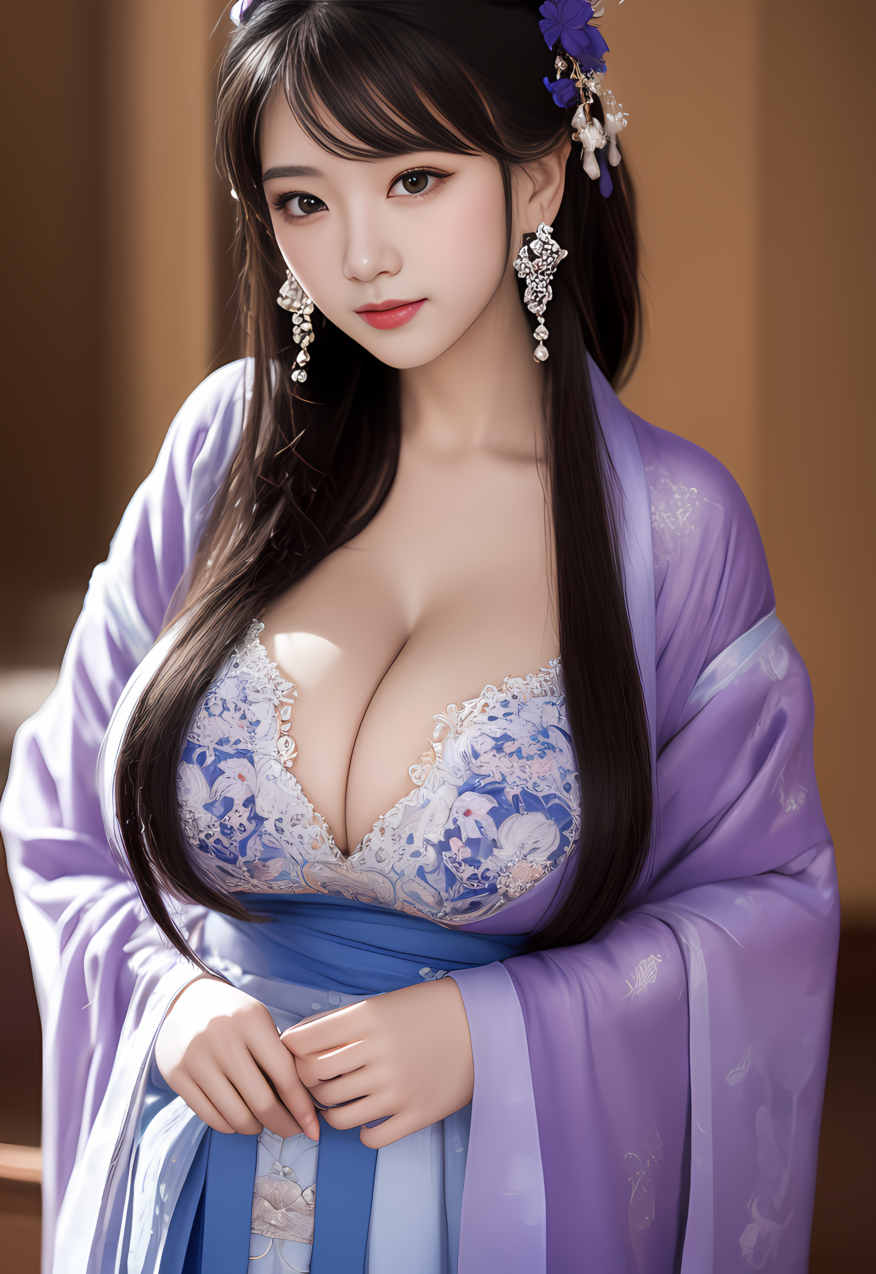 General 2816x4096 Asian brunette AI art Stable Diffusion dress cleavage artwork digital art Pastania portrait display big boobs looking at viewer long hair flower in hair Chinese women