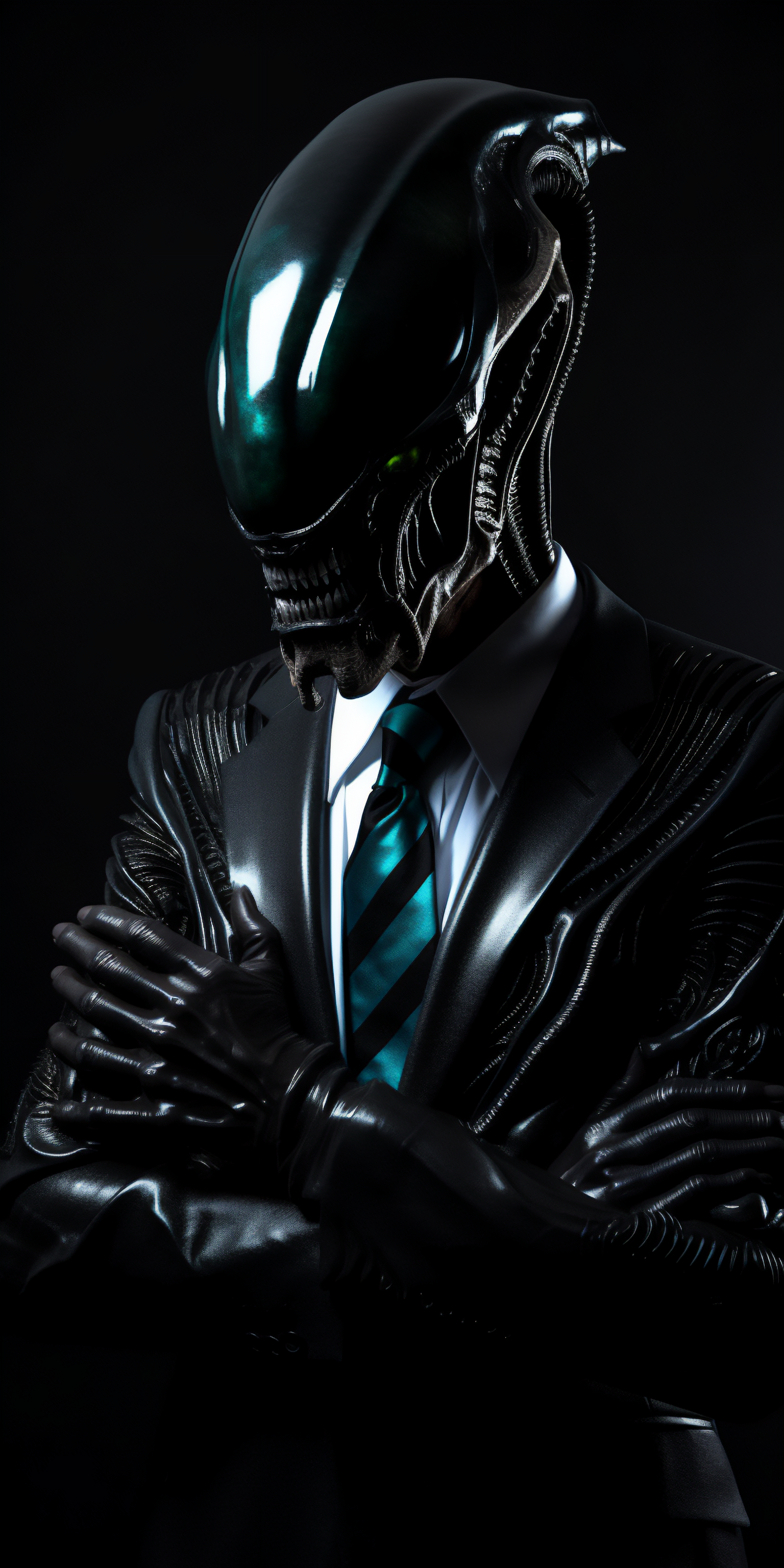 General 1536x3072 AI art portrait display Xenomorph suits tie black background simple background Alien (movie)