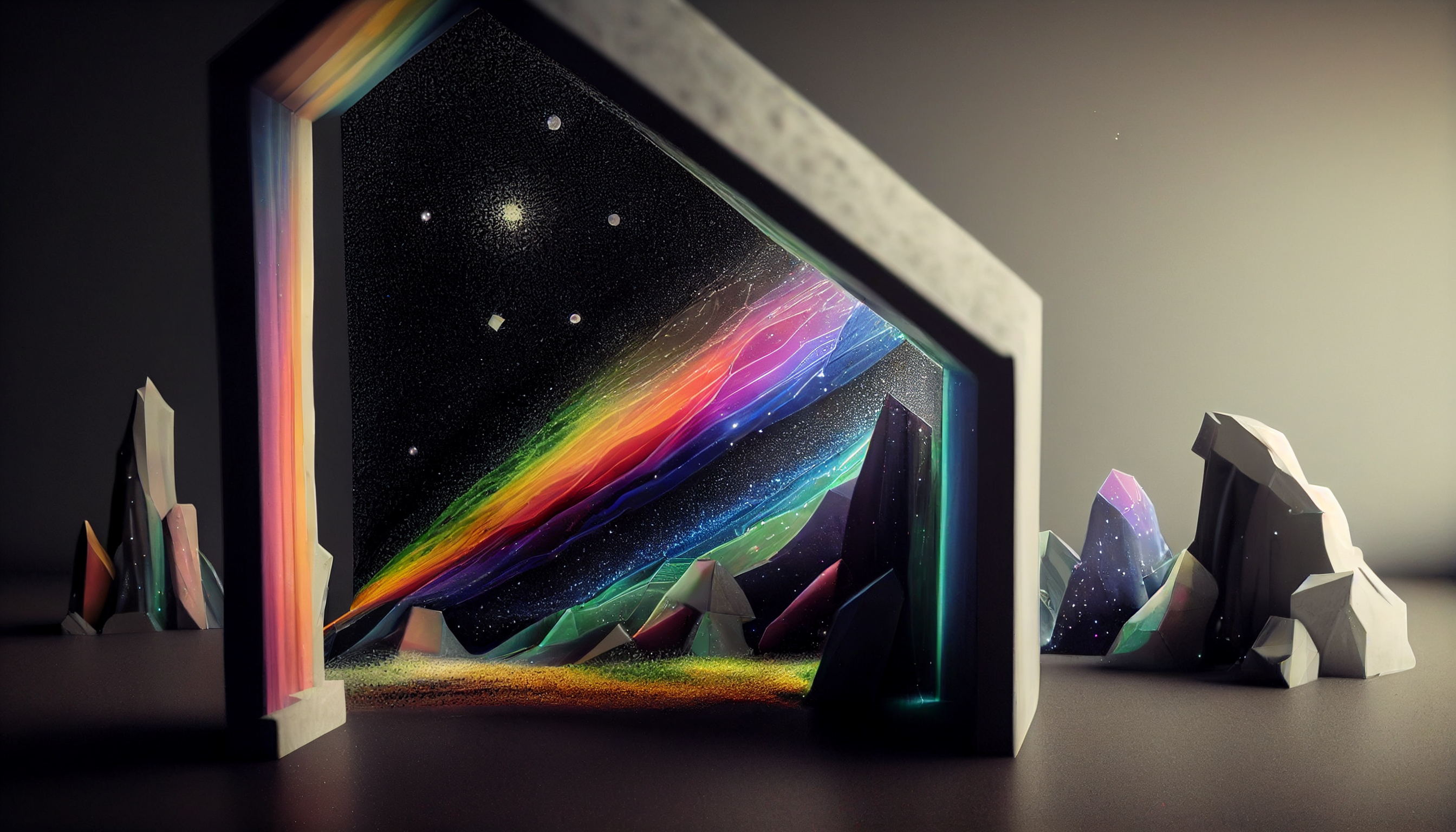 General 2688x1536 AI art prism Refraction spectrum Midjourney portal colorful arch galaxy depth of field stars starscape illusions illusion procedural generation trippy psychedelic rock formation