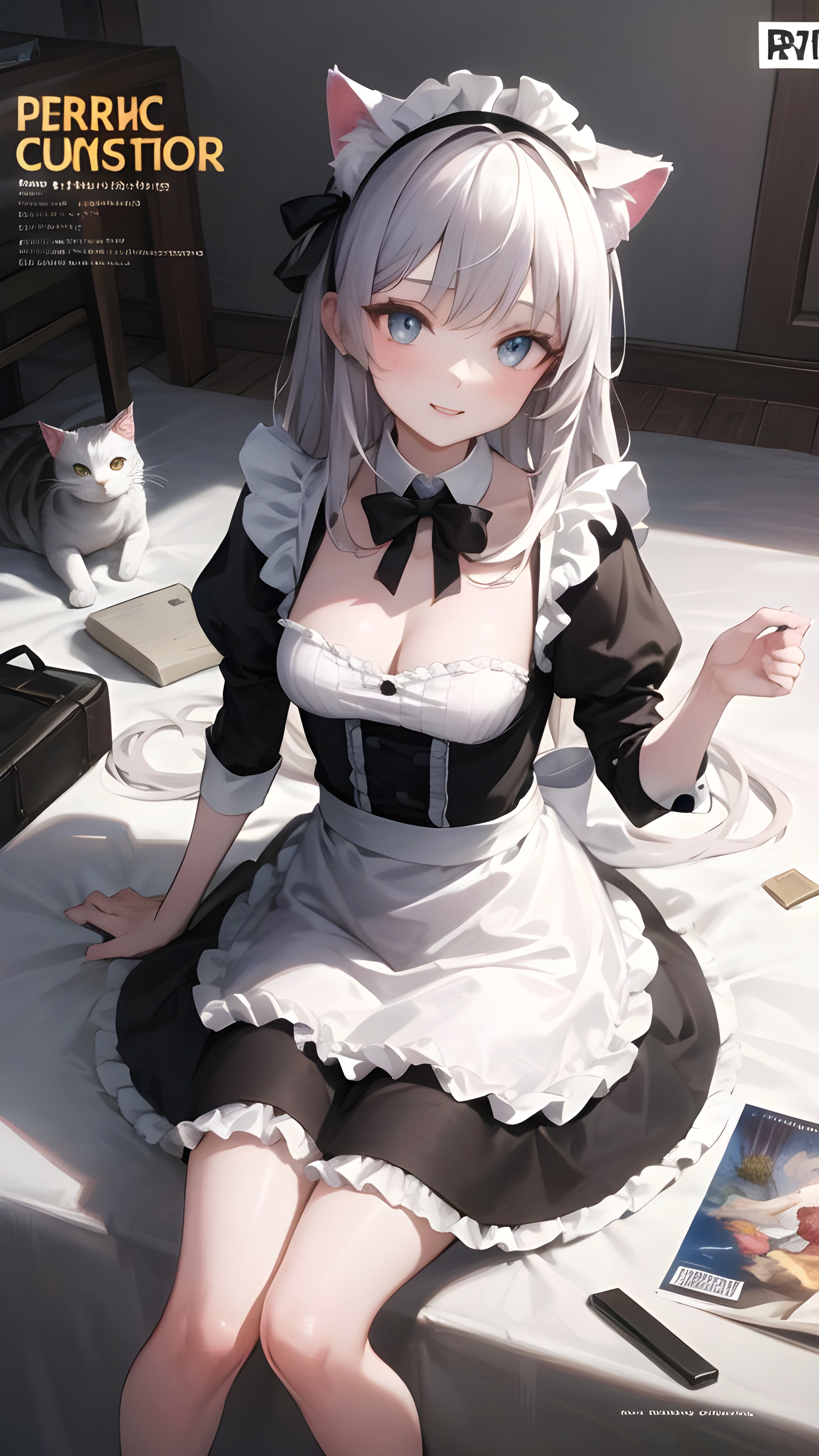 Anime 2304x4096 AI art maid cat girl portrait display anime girls maid outfit cat ears cats legs bow tie looking at viewer cleavage sitting animals women animal ears knees together dress anime