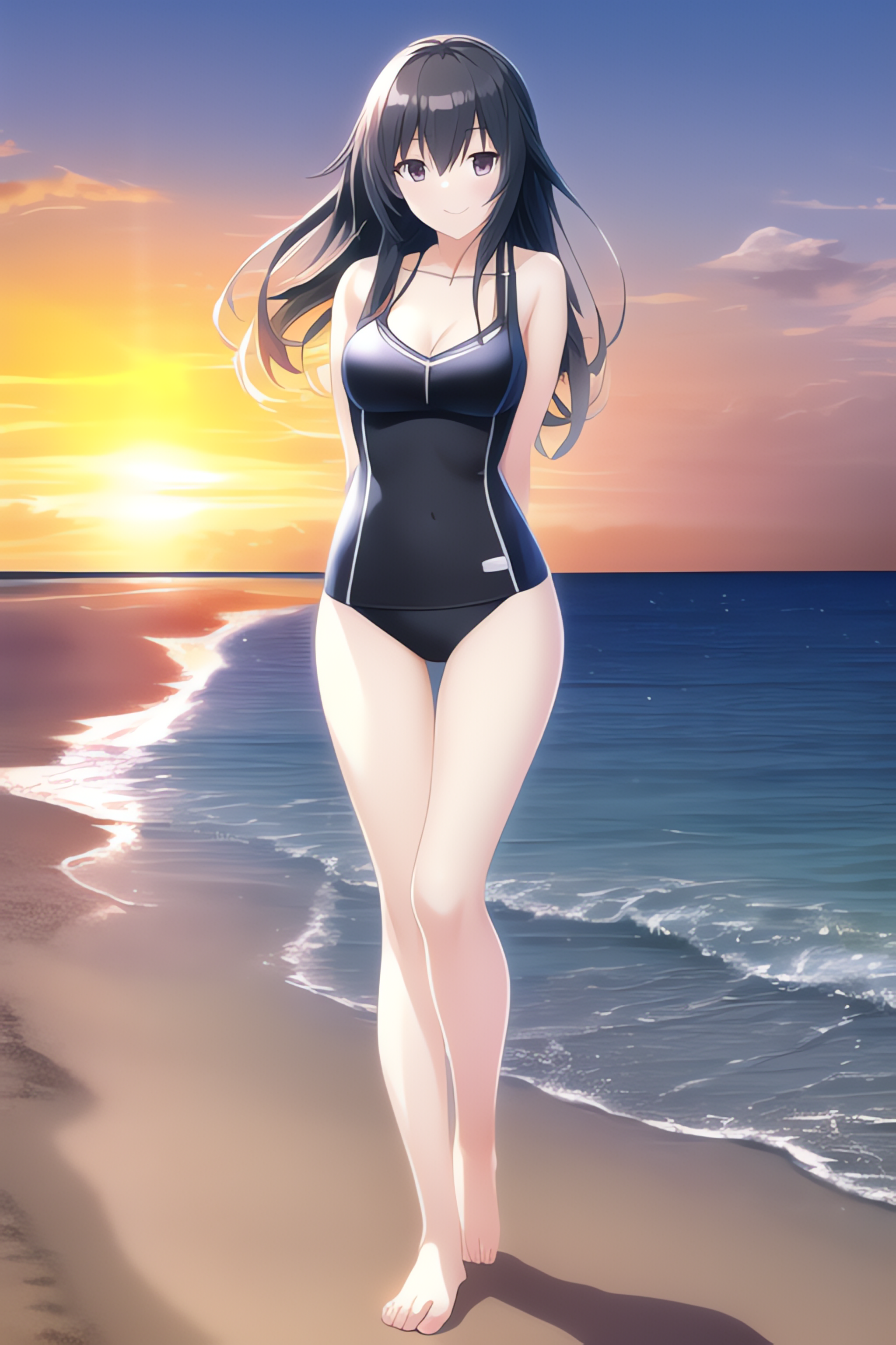 Anime 2048x3072 AI art anime girls beach barefoot sunlight swimwear one-piece swimsuit portrait display sunset sunset glow water waves looking at viewer long hair smiling cleavage clouds sky sand