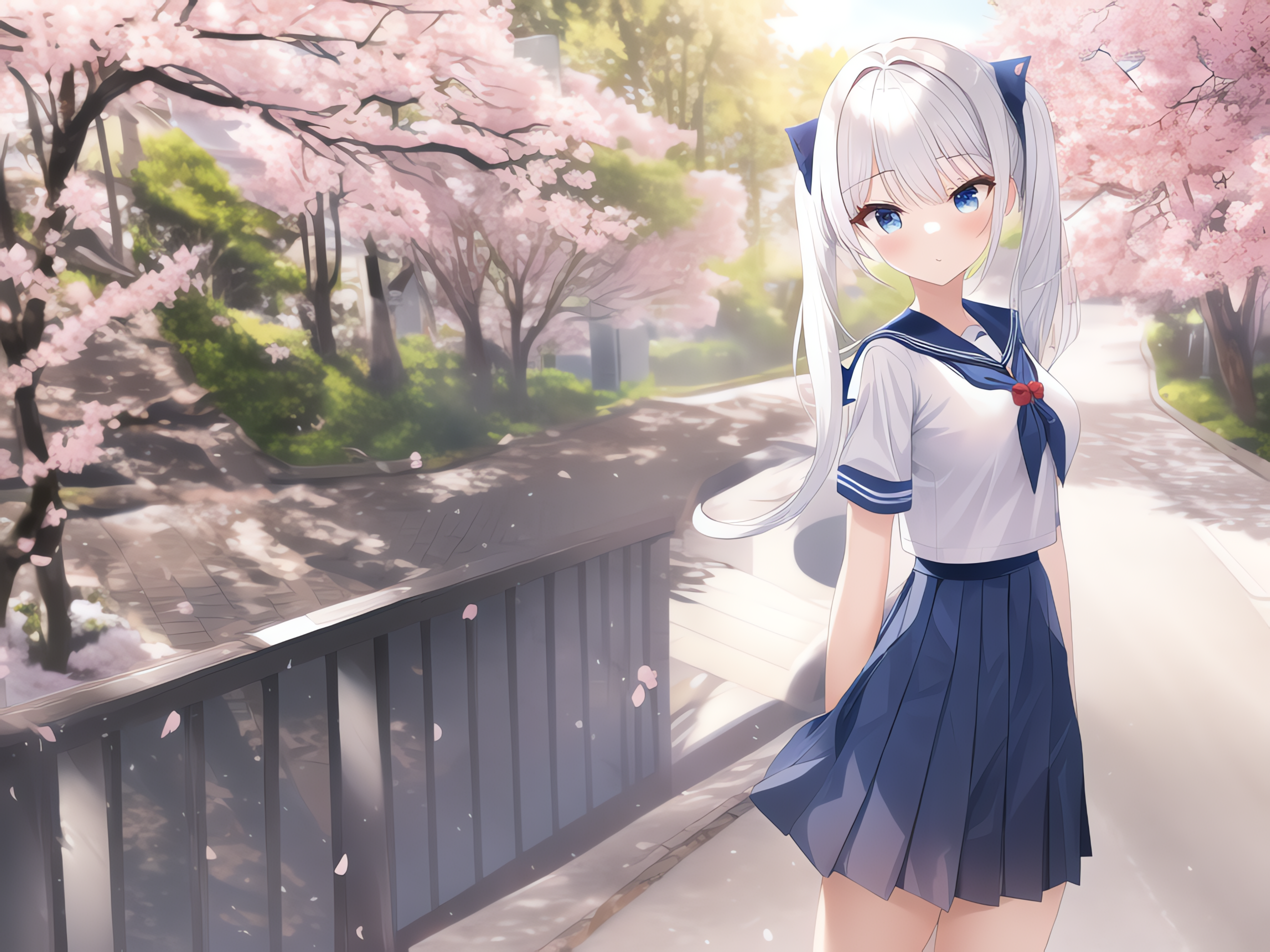 Anime 4096x3072 AI art anime girls schoolgirl school uniform petals twintails looking at viewer blushing path cherry trees sunlight