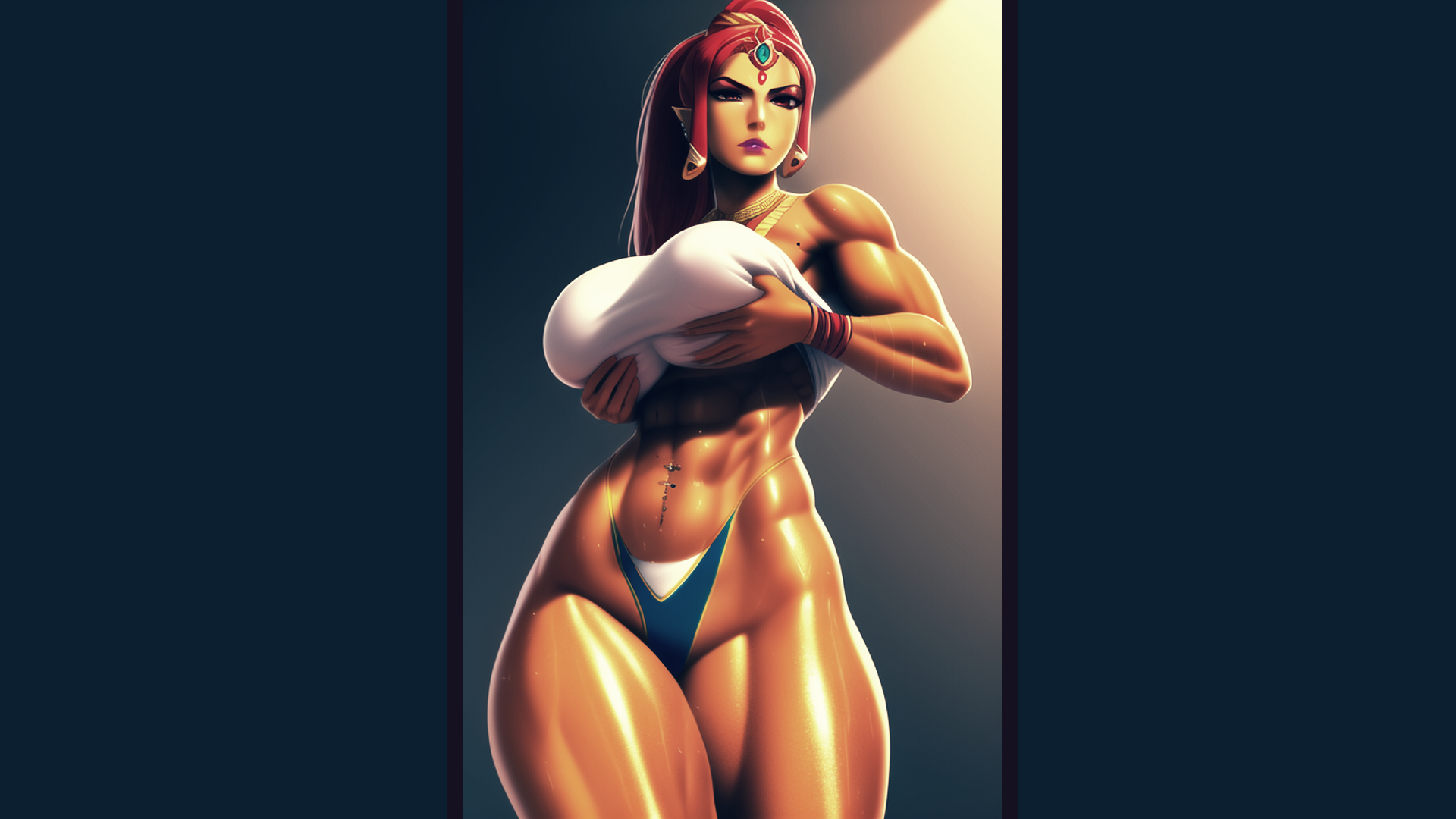 General 1920x1080 Urbosa holding boobs thick body thick thigh thighs abs redhead big boobs hands on boobs muscles boob pockets simple background video games video game girls belly video game characters The Legend of Zelda: Breath of the Wild AI art