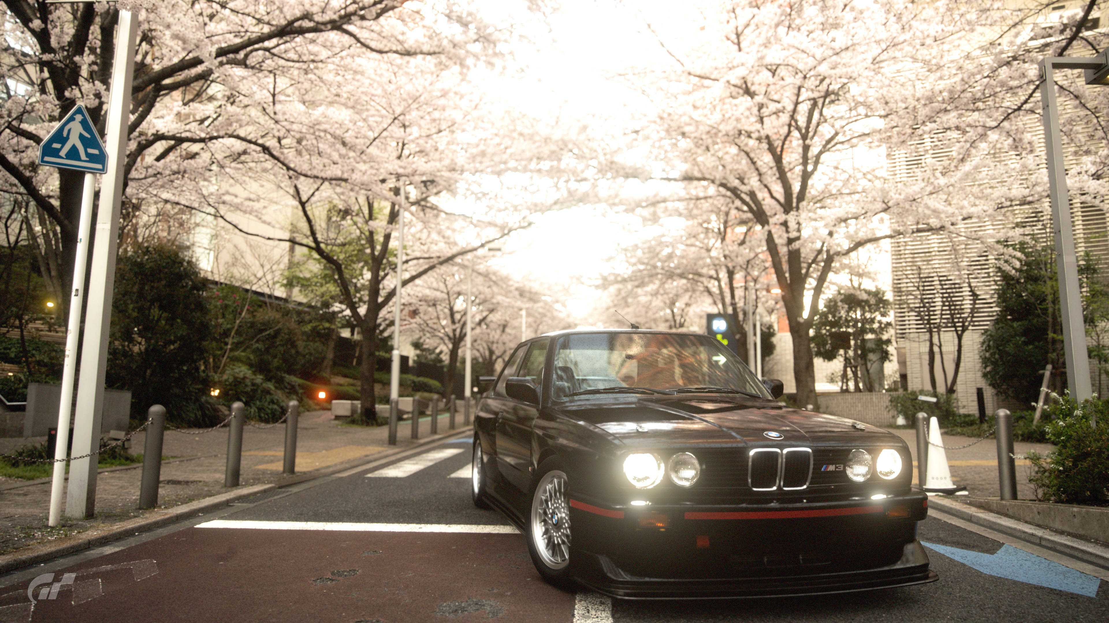 General 3840x2160 car vehicle Japan spring cherry blossom BMW video games street Tokyo daylight Gran Turismo 7 frontal view headlights trees signs digital art
