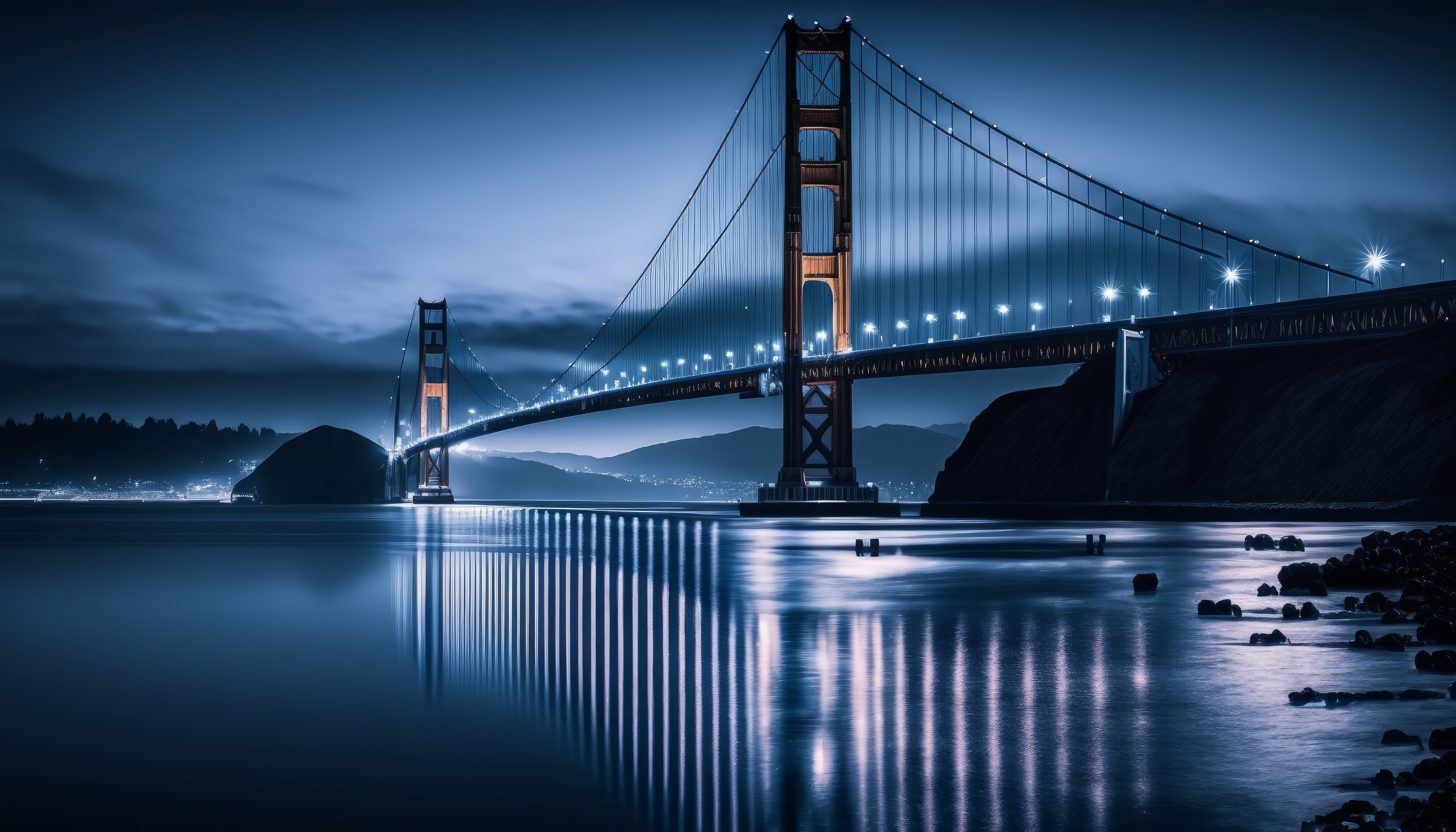 General 4579x2616 AI art Blue hour Golden Gate Bridge water reflection bridge lights sky
