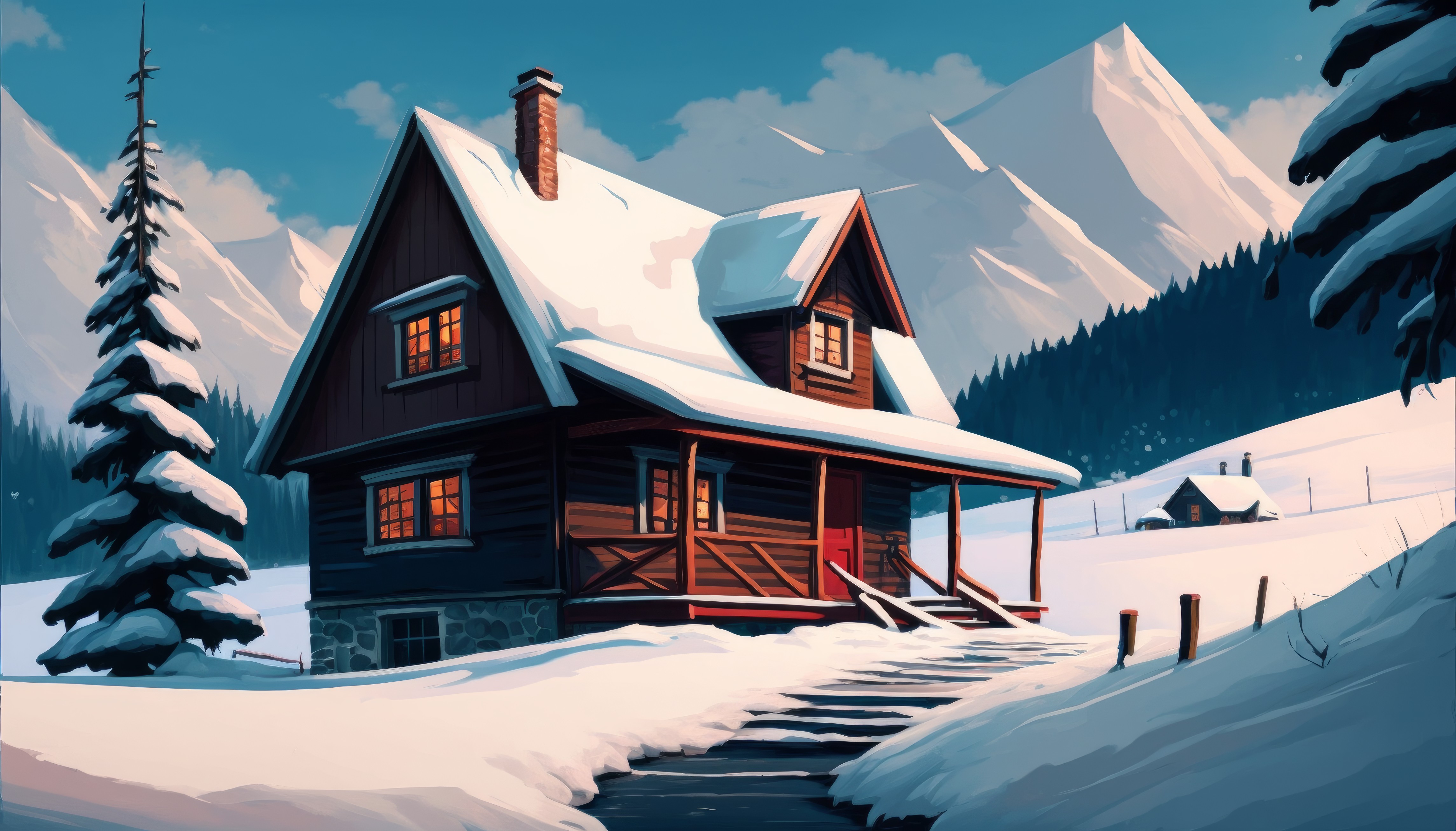 General 4579x2616 AI art illustration winter snow house mountains trees stairs