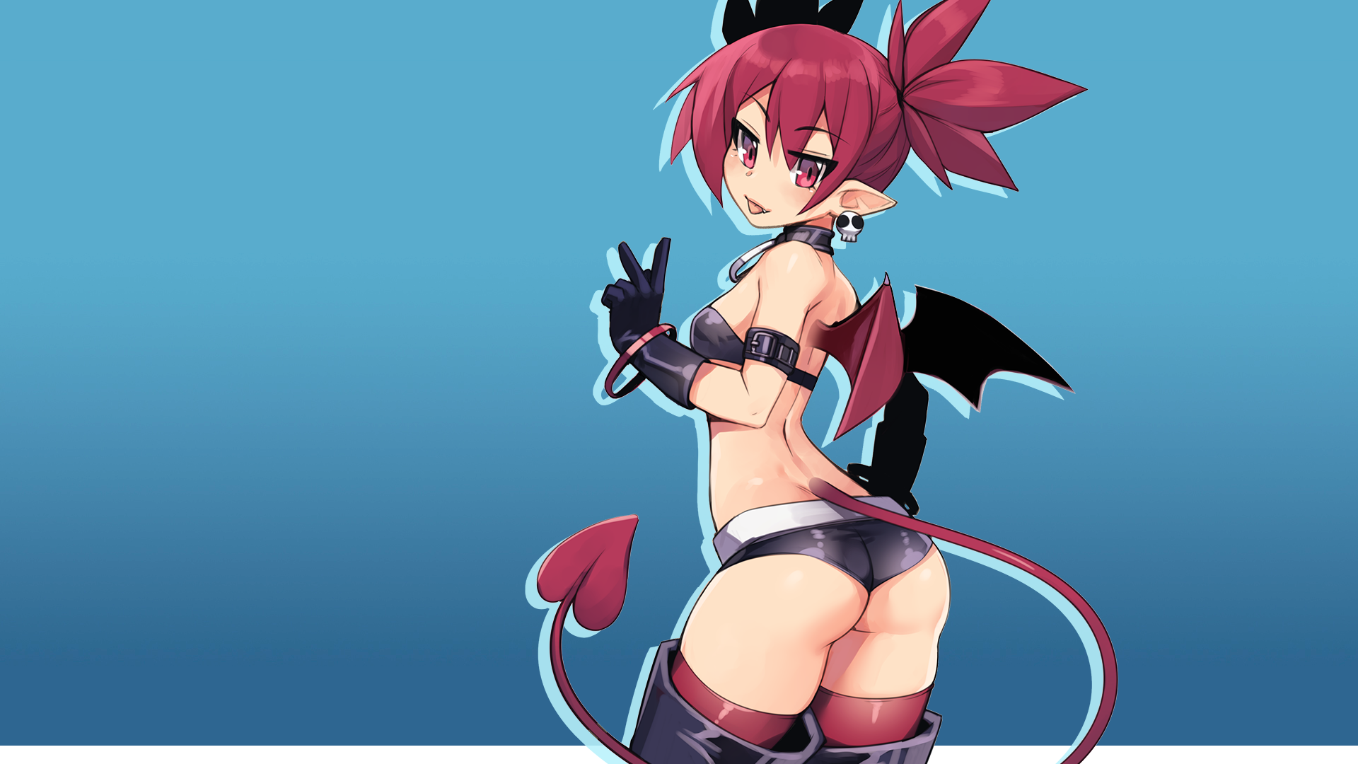 Anime 1920x1080 anime girls Etna ass demon Disgaea simple background blue background peace sign short shorts minimalism pointy ears succubus demon tail demon girls bat wings gloves looking at viewer tongue out redhead choker