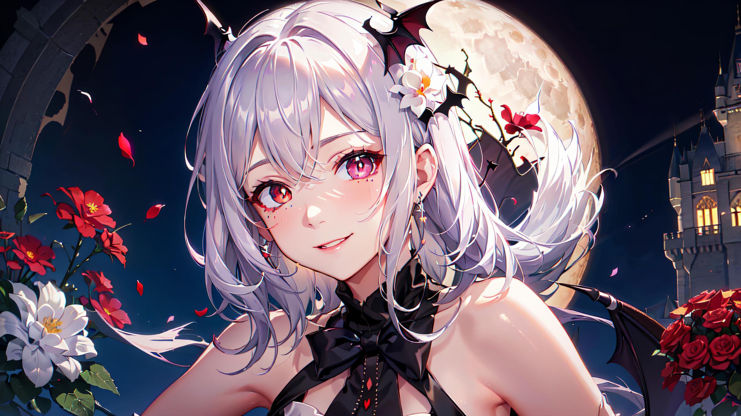 Anime 2560x1440 anime girl with wings AI art smiling vampire girl rose castle white hair blushing looking at viewer flower in hair petals Moon