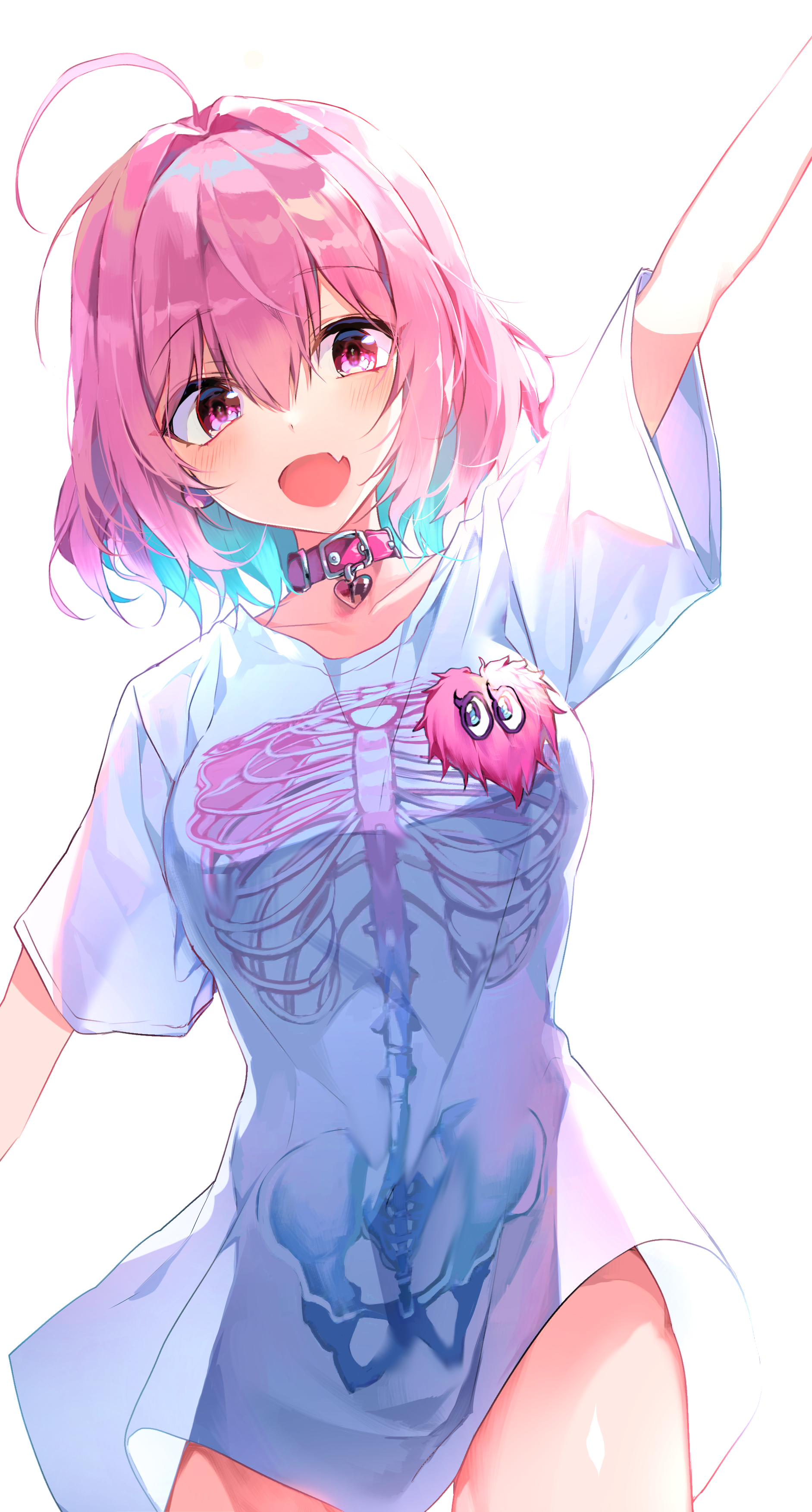 Anime 1883x3508 anime anime girls portrait display looking at viewer one arm up collar ahoge open mouth two tone hair pink hair red eyes short hair skeleton white shirt white background blushing simple background thighs minimalism smiling