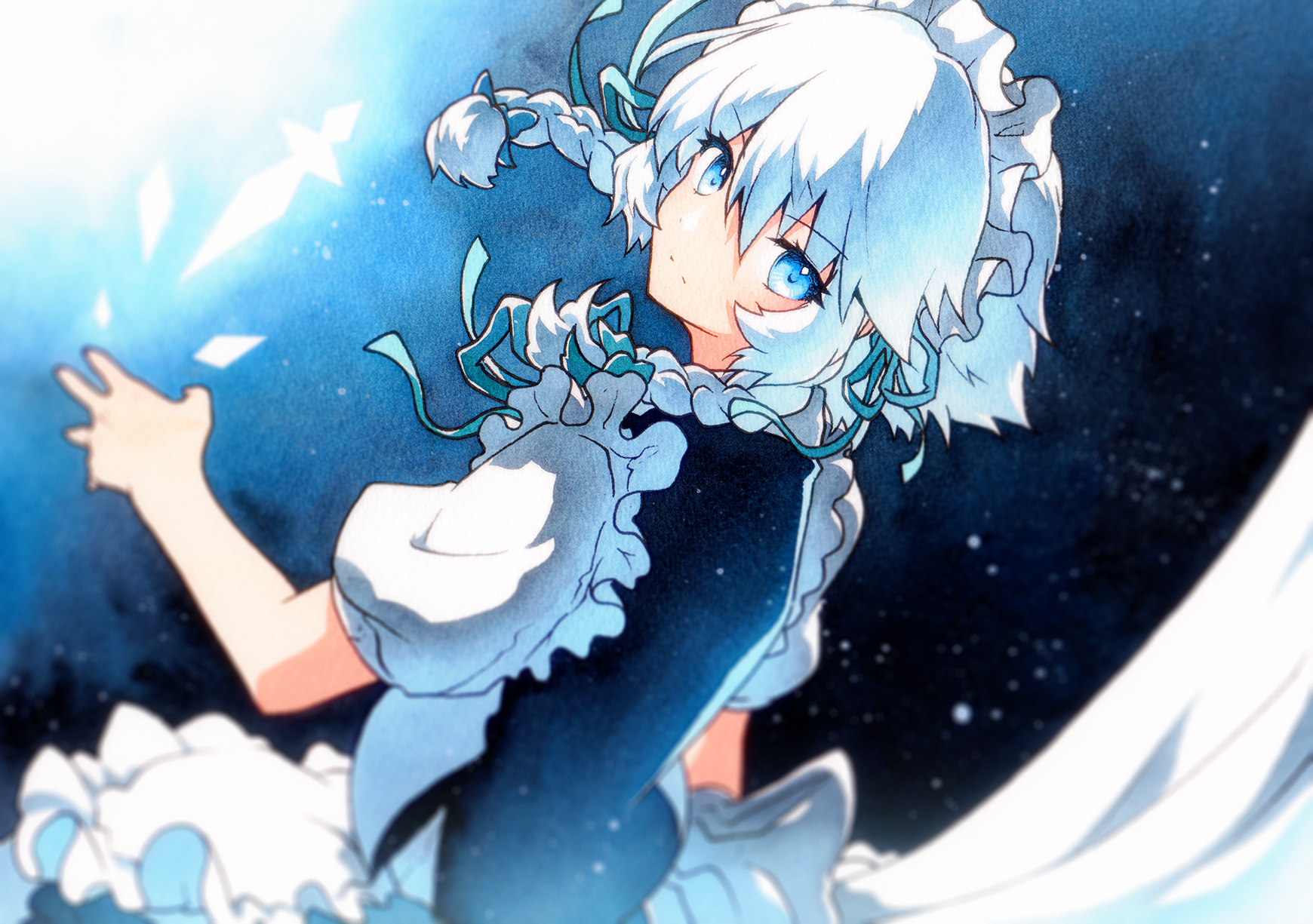 Anime 1740x1225 Touhou maid Izayoi Sakuya knife looking at viewer white hair anime girls maid outfit braids twintails