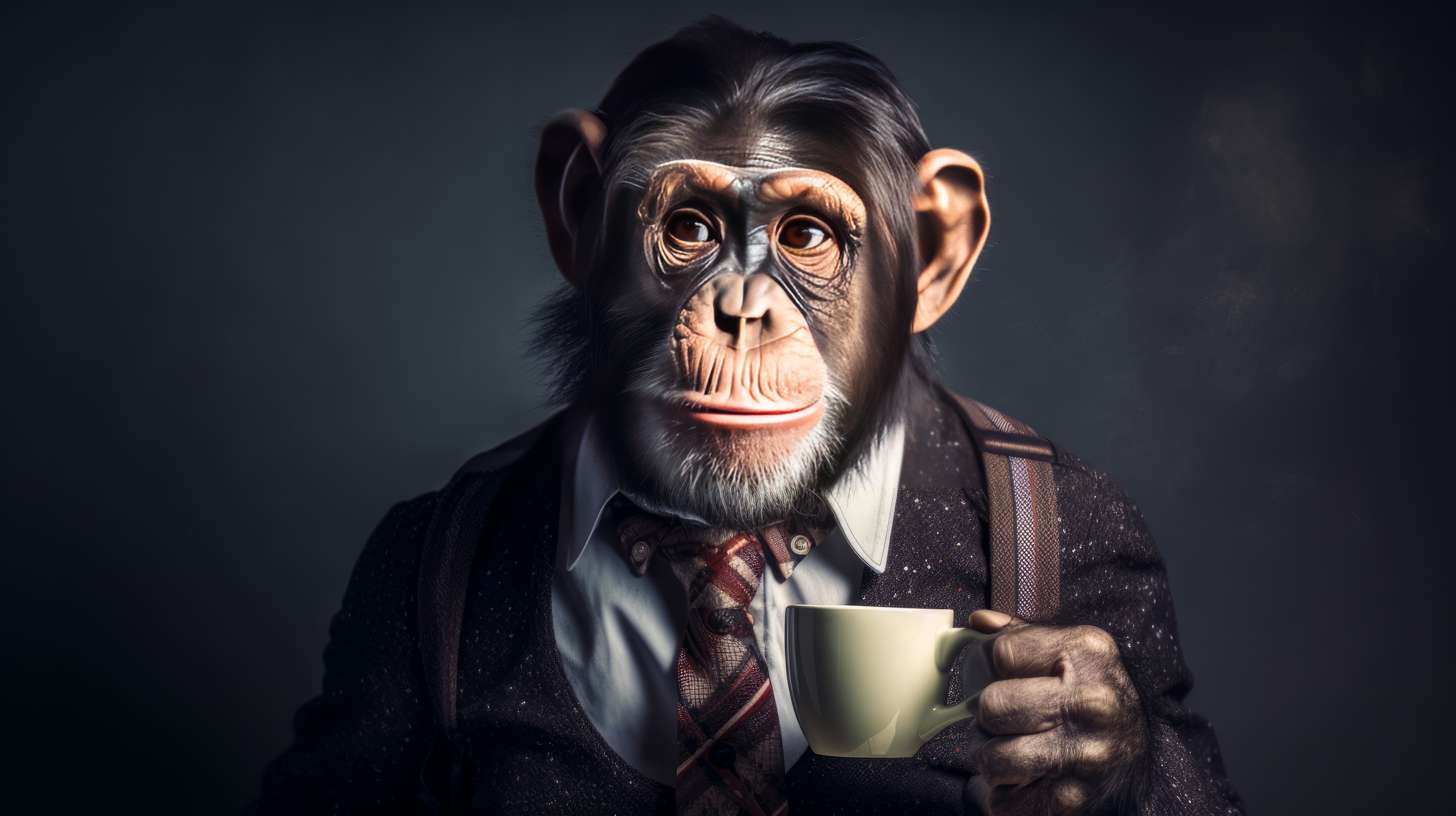General 3854x2160 AI art chimpanzees coffee clothes Ape simple background animals