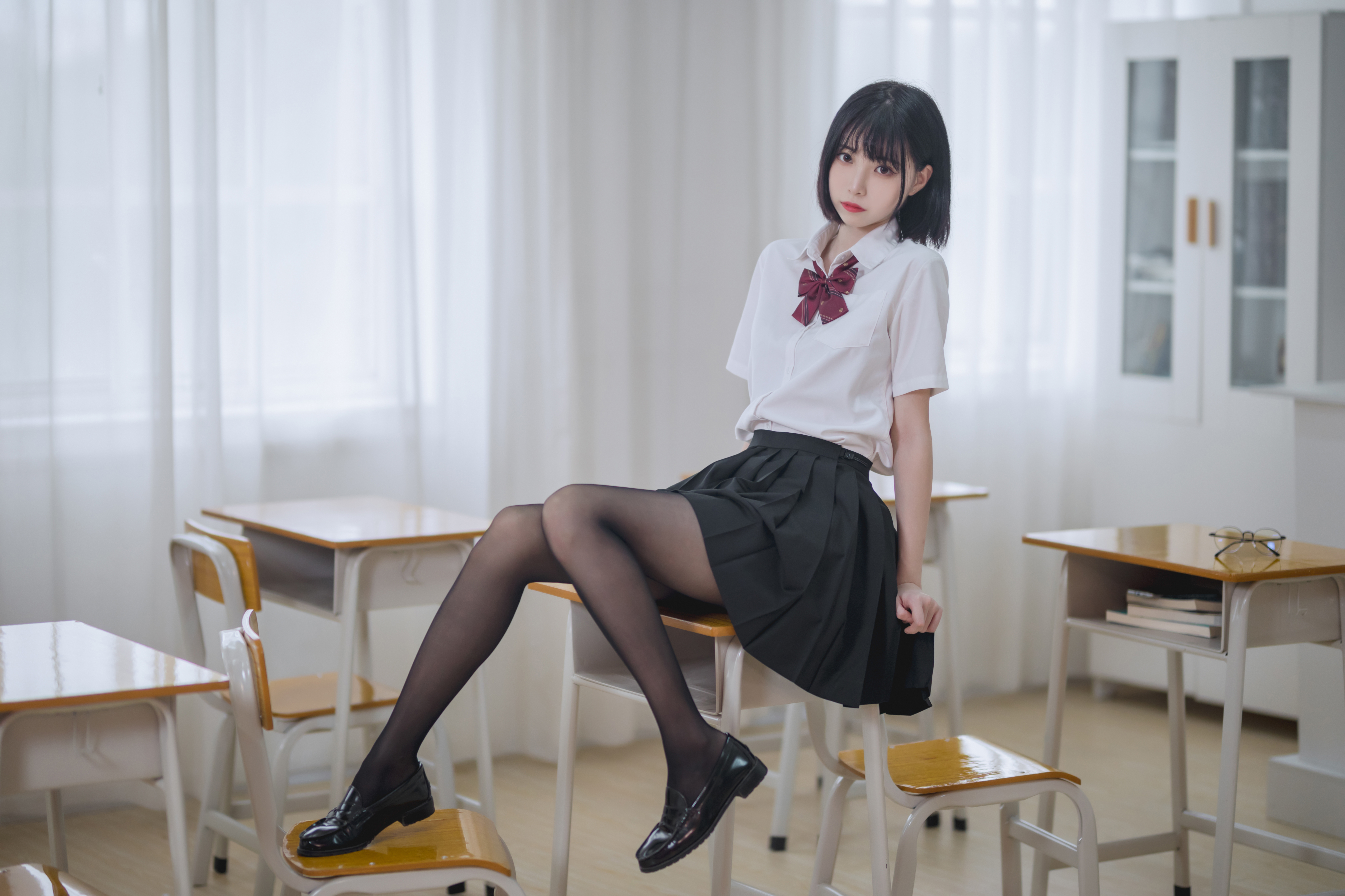 People 4032x2688 women Asian cosplay JK schoolgirl classroom school uniform women indoors pantyhose face Xu Lan
