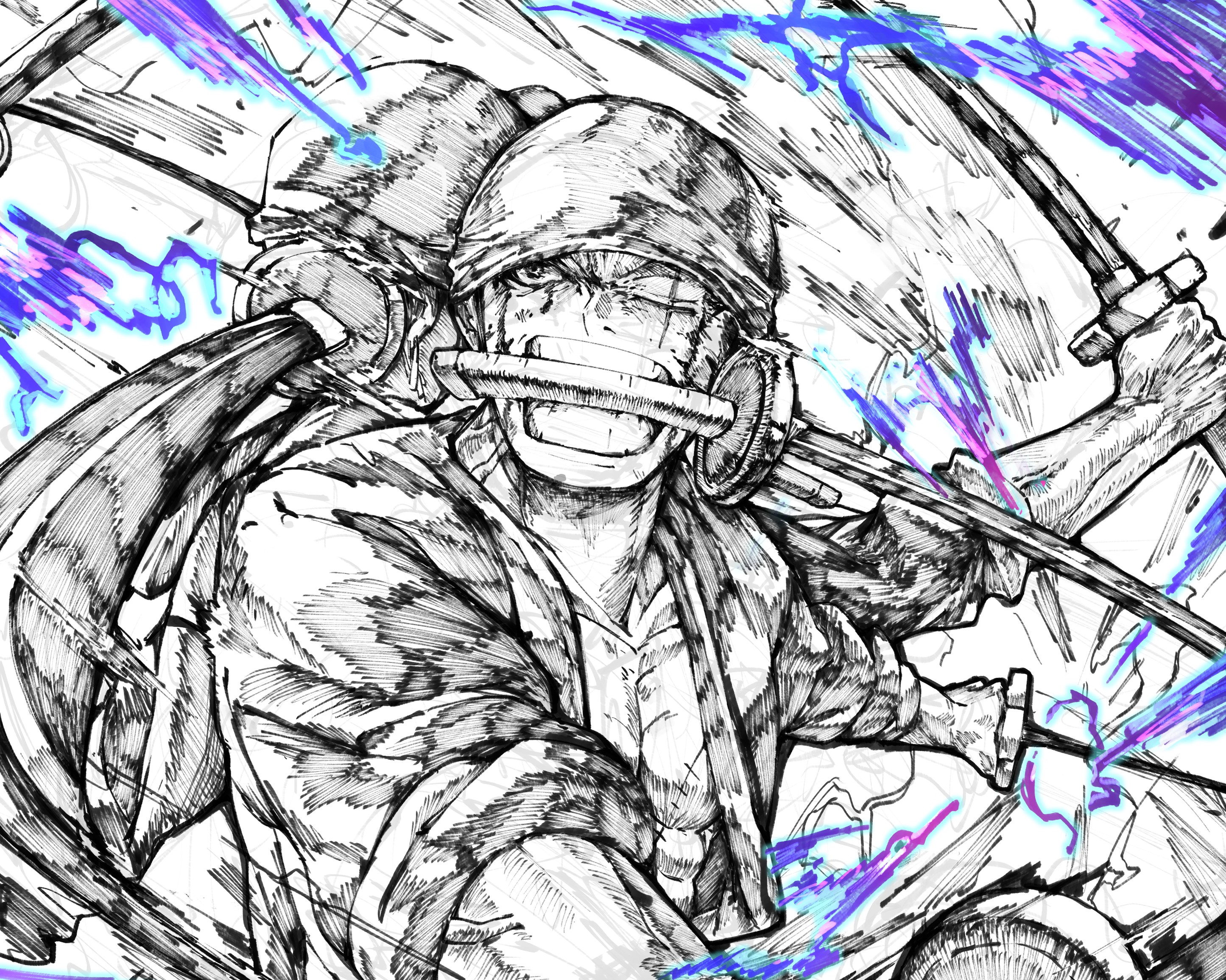Anime 2891x2312 One Piece Roronoa Zoro swordsman anime boys sword fan art weapon drawing